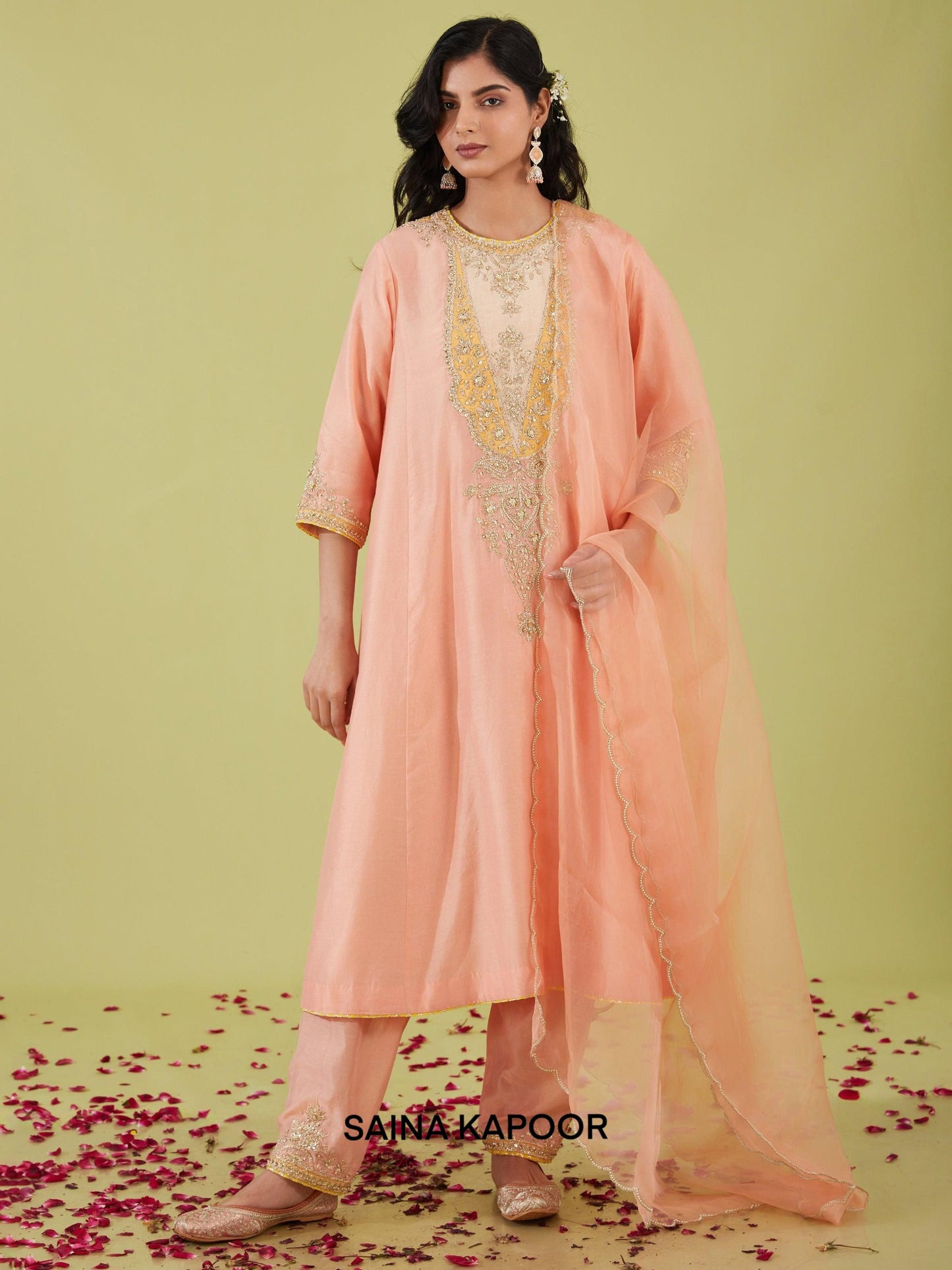 PINK LONG KALIDAR KURTA WITH SALWAR AND PINK DUPATTA - SAINA KAPOOR