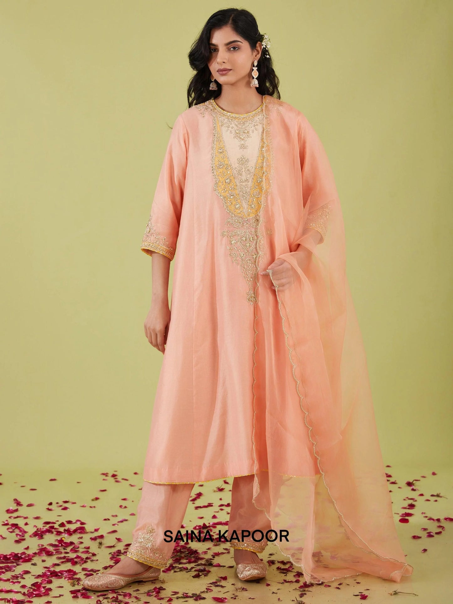 Pink Chanderi Long Kalidar Kurta with Salwar & Pink Organza Dupatta - Saina Kapoor