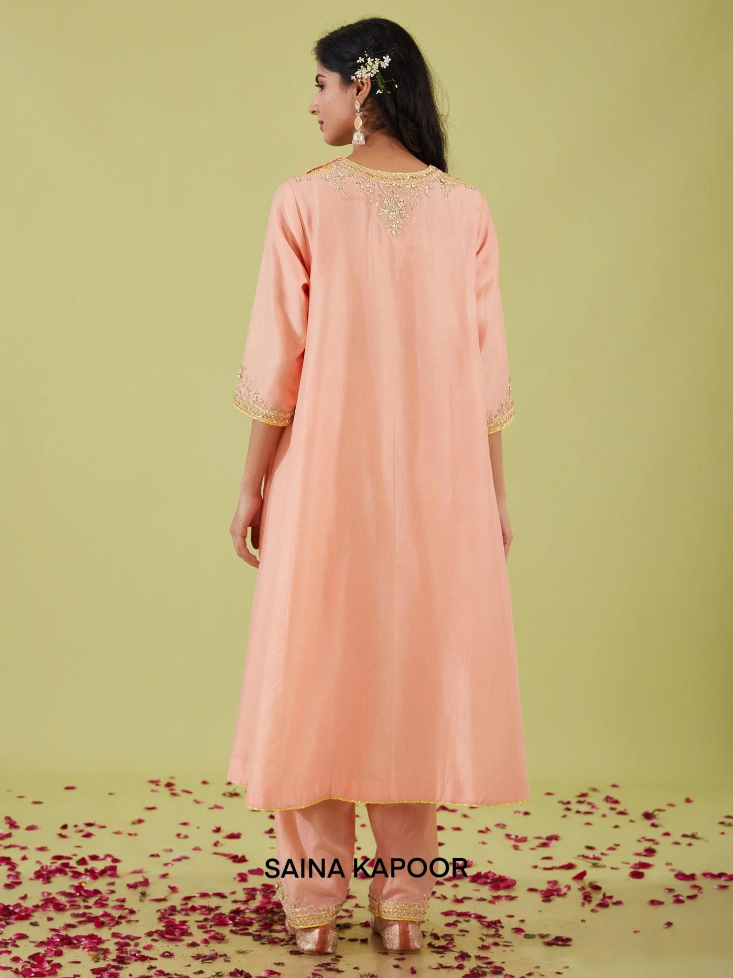 Pink Chanderi Long Kalidar Kurta back view with Salwar & Pink Dupatta - Saina Kapoor