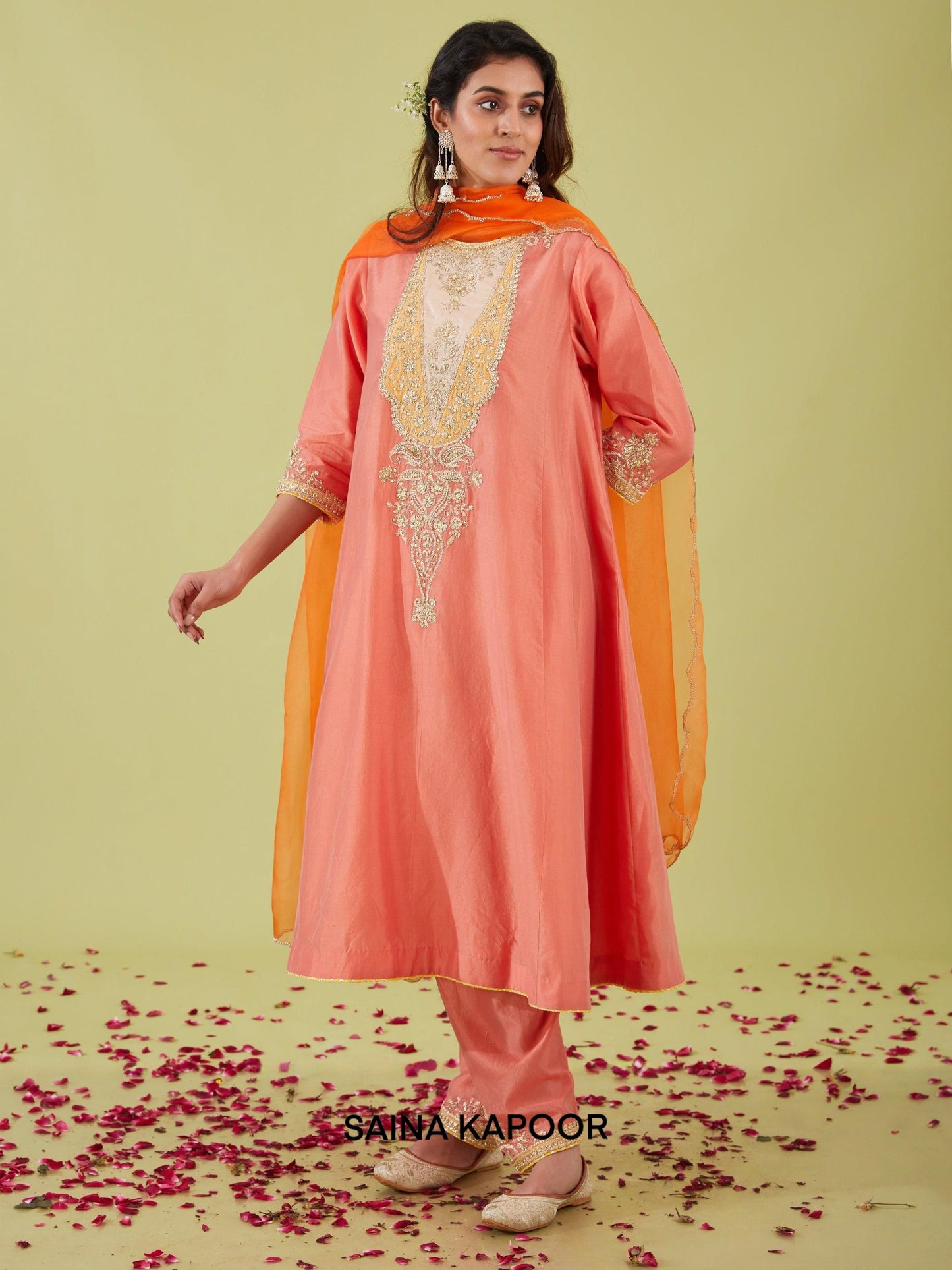RUST PINK LONG KALIDAR KURTA WITH SALWAR AND ORANGE DUPATTA - SAINA KAPOOR