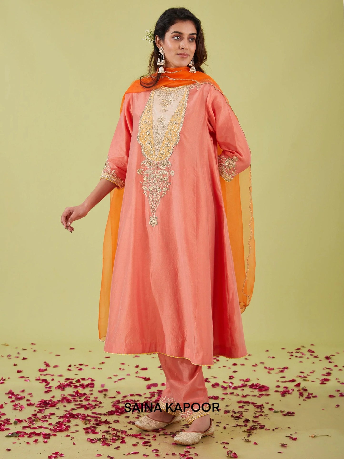 Rust Pink Chanderi Long Kalidar Kurta with Salwar & Orange Organza Dupatta - Saina Kapoor