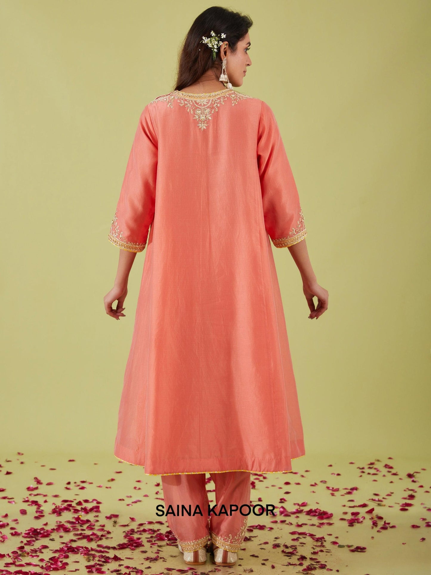 RUST PINK LONG KALIDAR KURTA WITH SALWAR AND ORANGE DUPATTA - SAINA KAPOOR