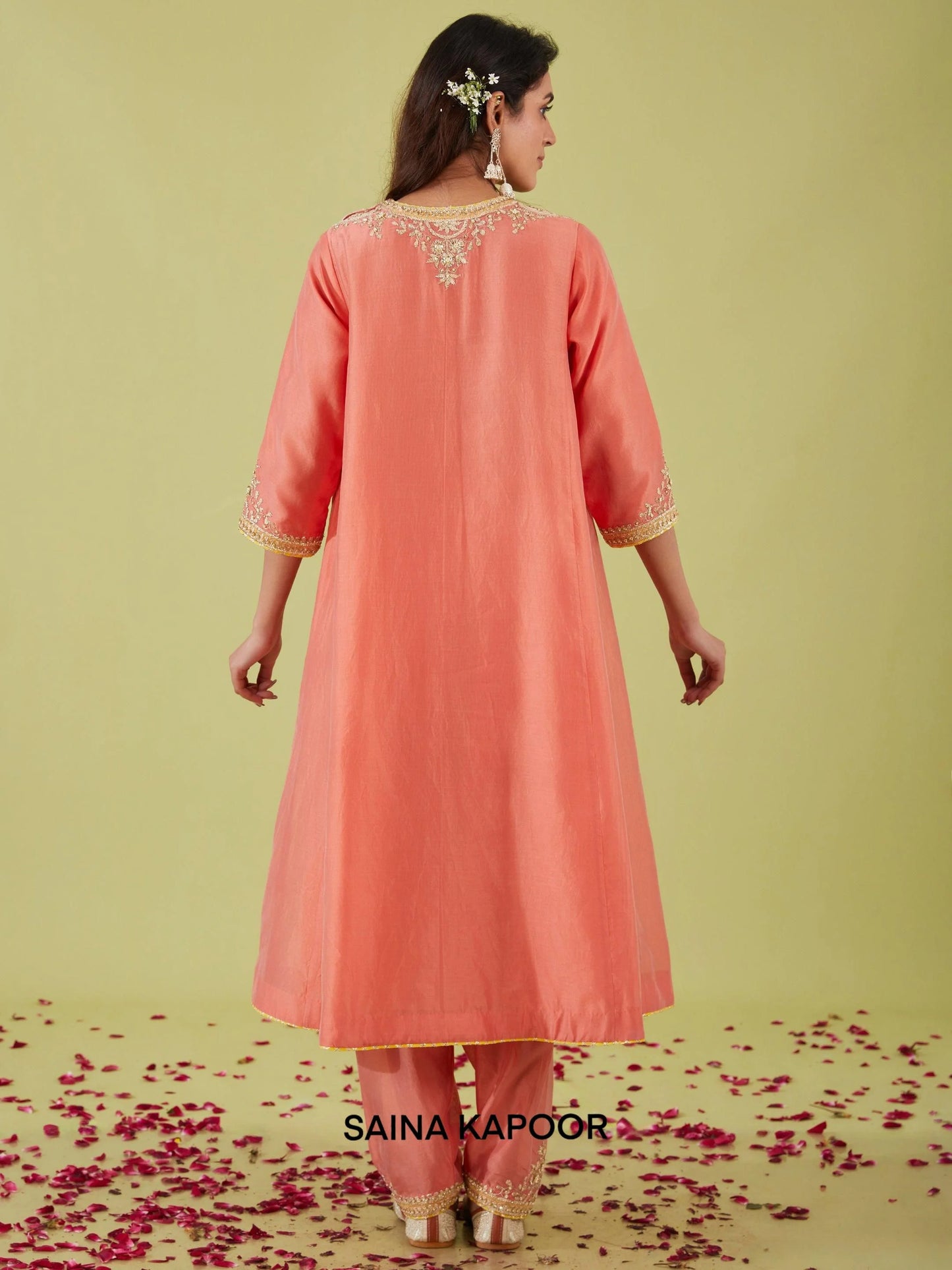 Rust Pink Chanderi Long Kalidar Kurta back view with Salwar & Orange Dupatta - Saina Kapoor