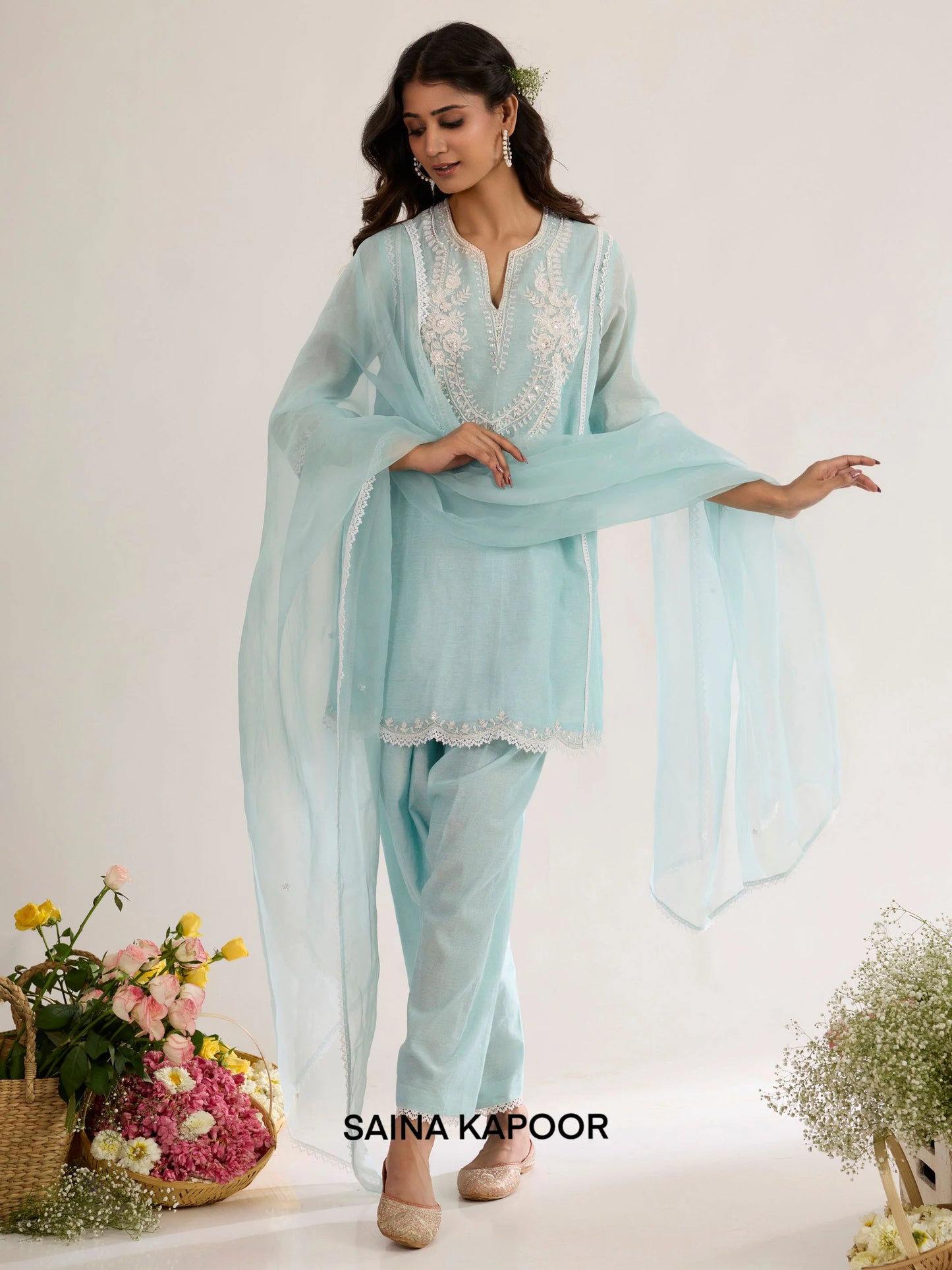 Ice blue Chanderi short kurta with Aari embroidered yoke paired with matching salwar and organza dupatta - Saina Kapoor
