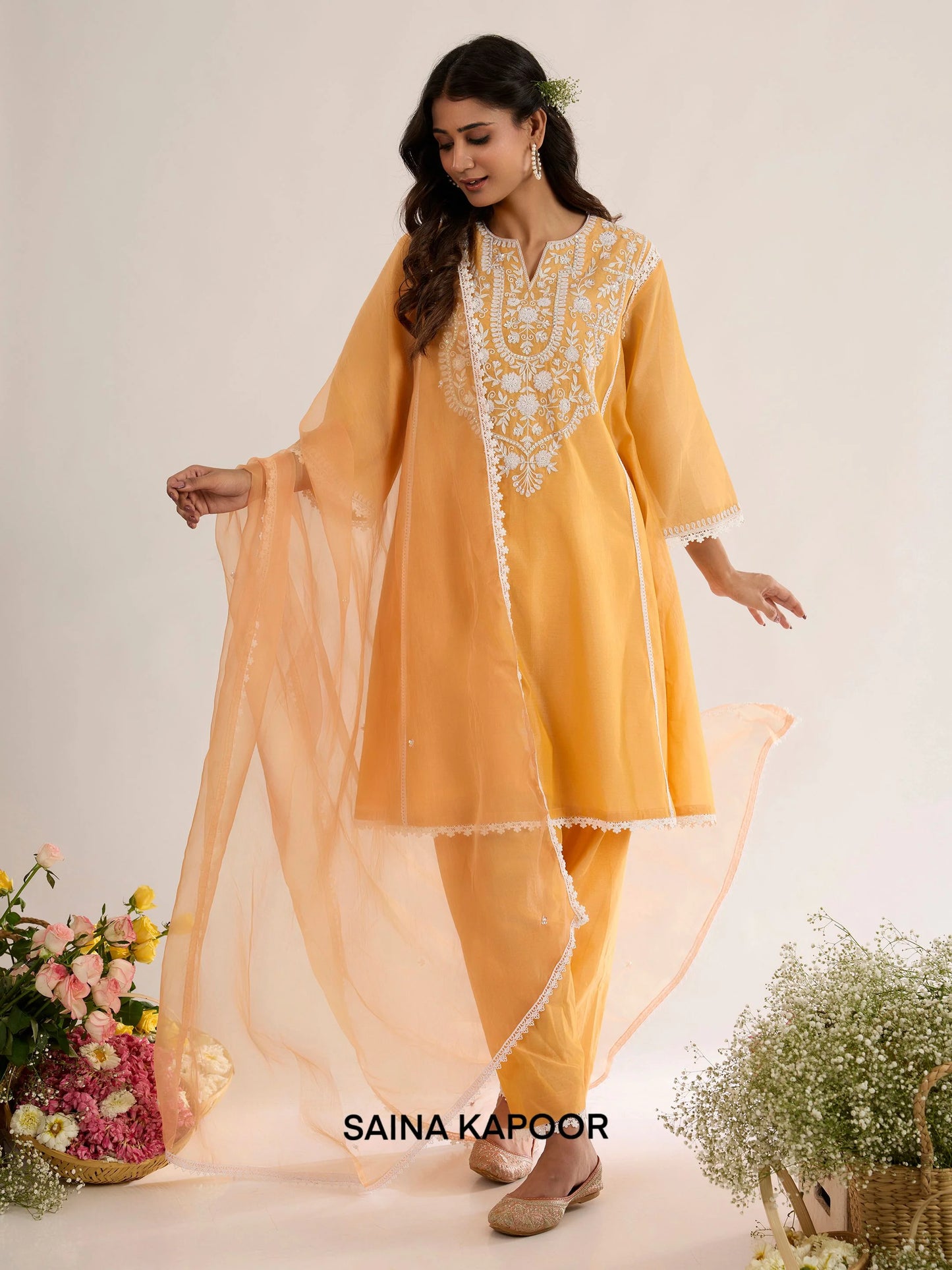 Golden Orange Chanderi long kurta with Aari embroidered yoke paired with matching salwar and ombre organza dupatta - Saina Kapoor