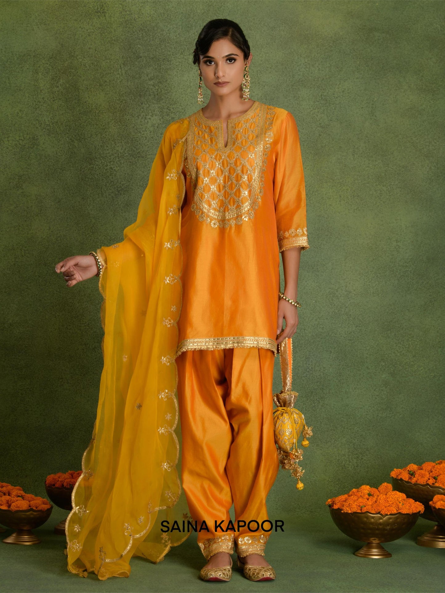 SHORT A-LINE KURTA, SALWAR, ORGANZA DUPATTA AND POTLI - SAINA KAPOOR