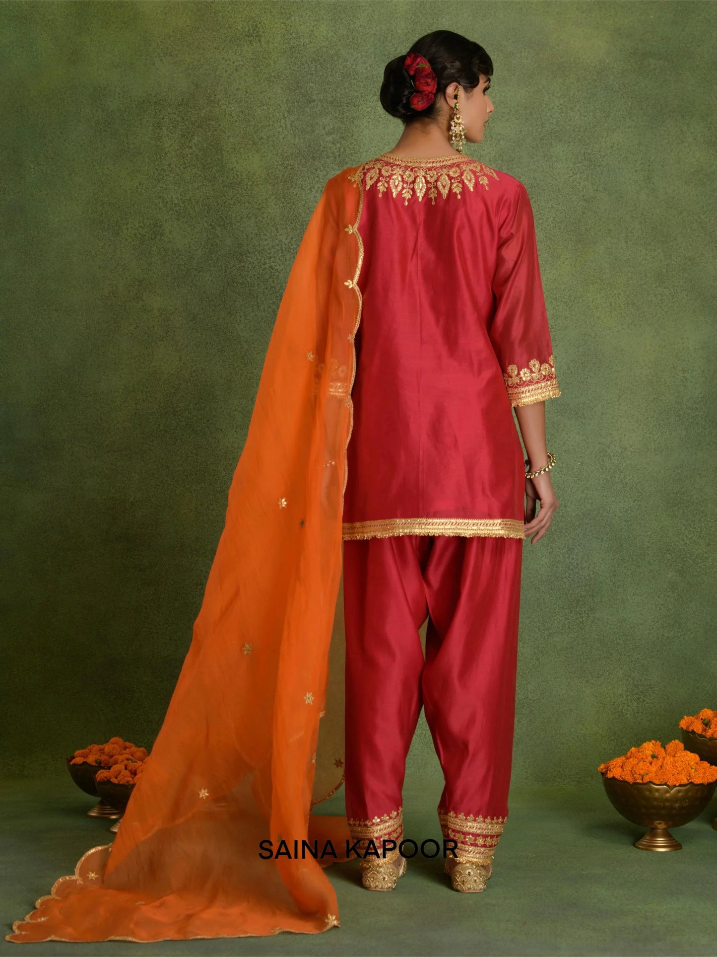 Designer fuchsia kurta set with orange dupatta and golden embroidery for festive occasions - Saina Kapoor