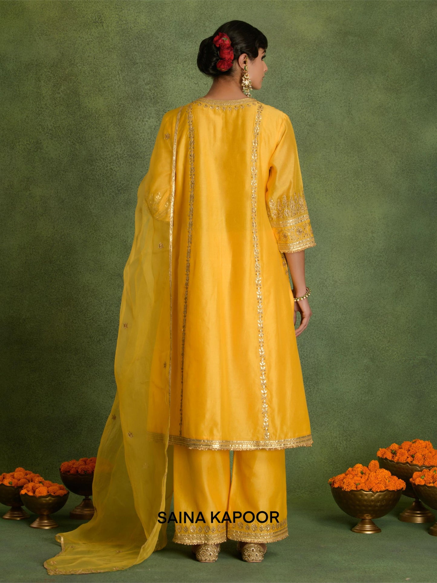 A-LINE LONG KURTA, PANTS, ORGANZA DUPATTA AND POTLI - SAINA KAPOOR