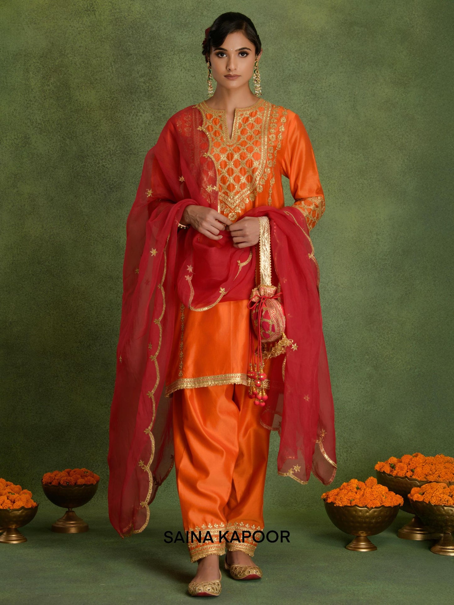 A-LINE KURTA, SALWAR, ORAGNZA DUPATTA AND POTLI - SAINA KAPOOR