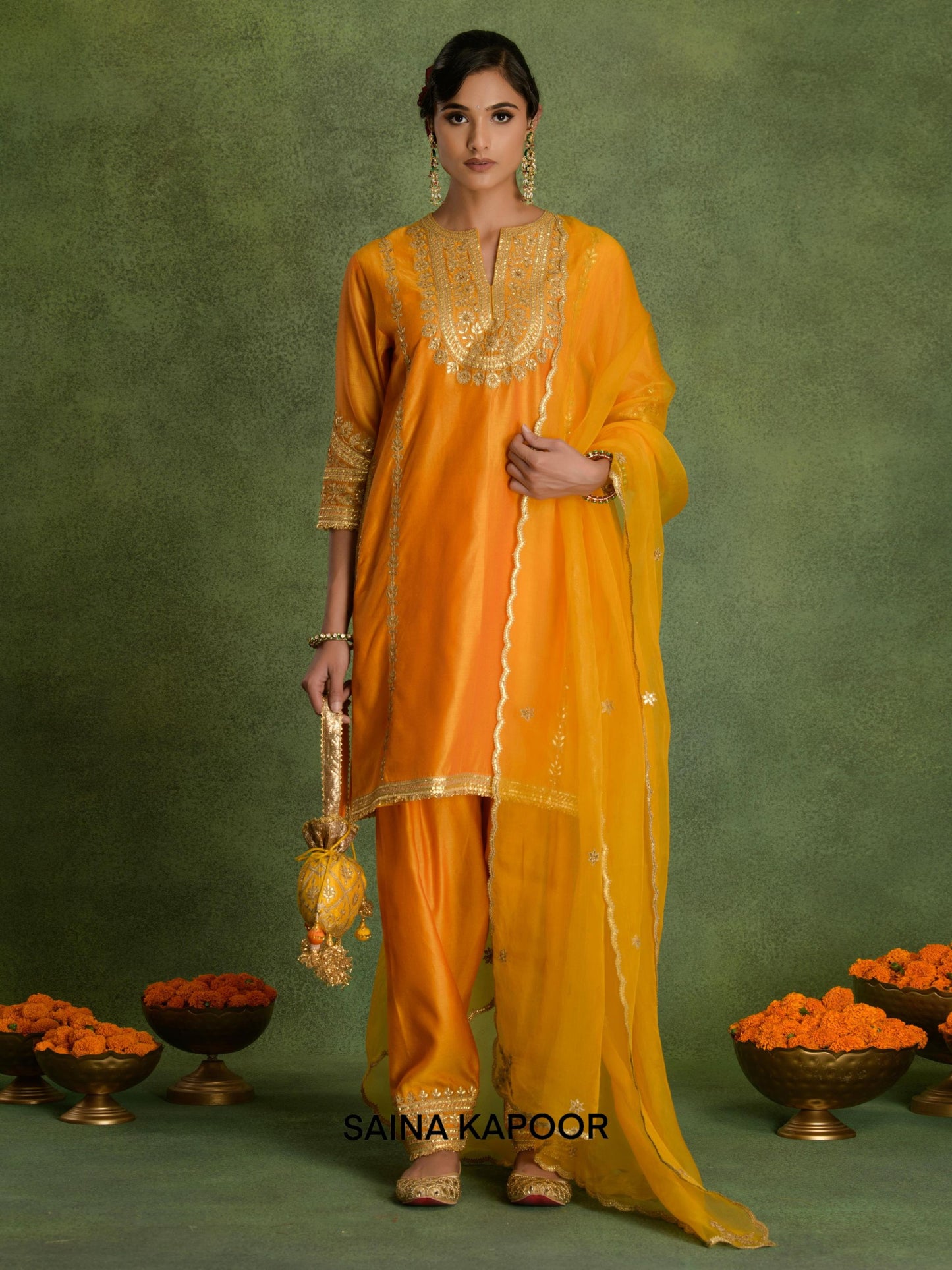 A-LINE KURTA, SALWAR, ORGANZA DUPATTA AND POTLI - SAINA KAPOOR