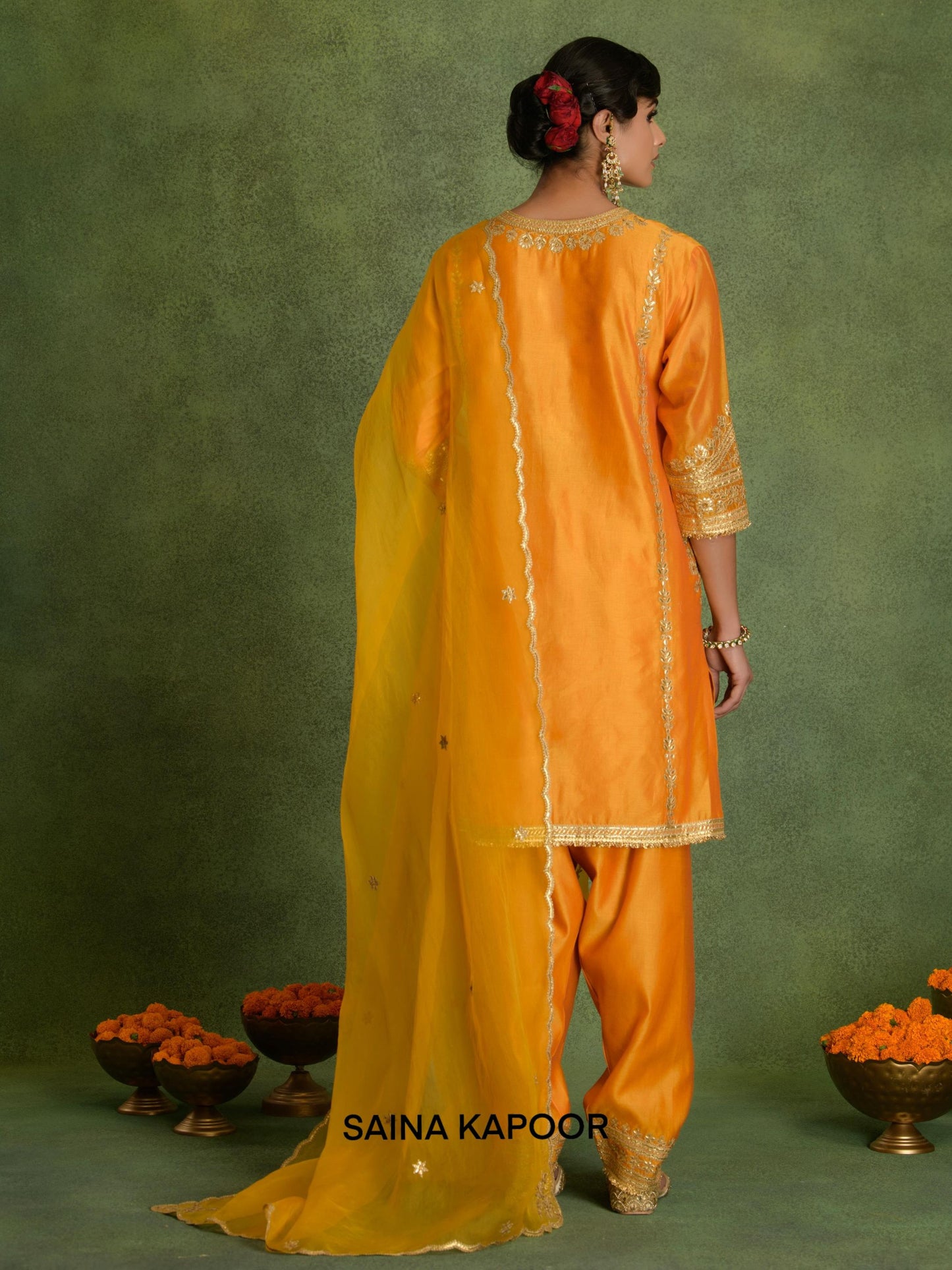 A-LINE KURTA, SALWAR, ORGANZA DUPATTA AND POTLI - SAINA KAPOOR