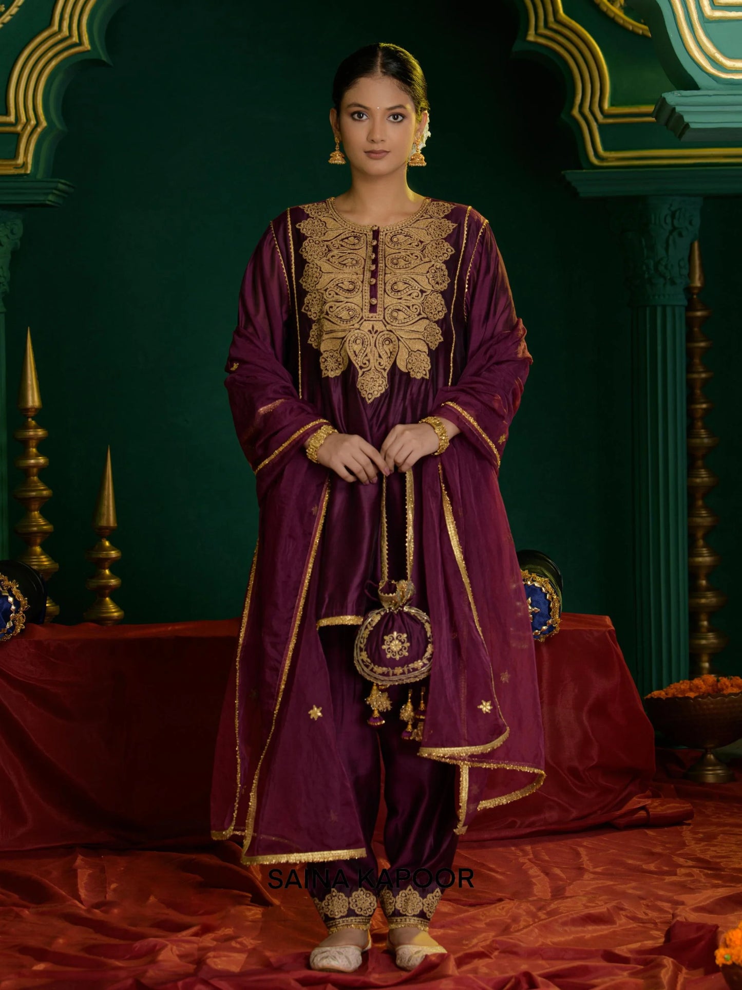 Deep violet Chanderi short choga with gota patti embroidered yoke & matching salwar, dupatta & embroidered potli bag — Saina Kapoor