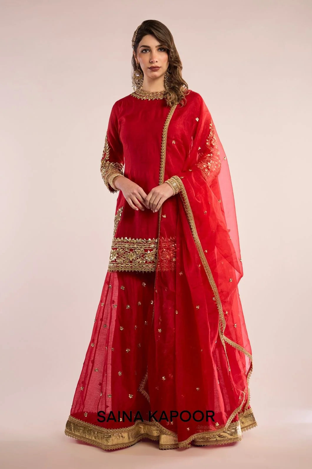 Red Chanderi short kurta with gota patti embroidered high round neckline & matching sharara & red organza dupatta — Saina Kapoor