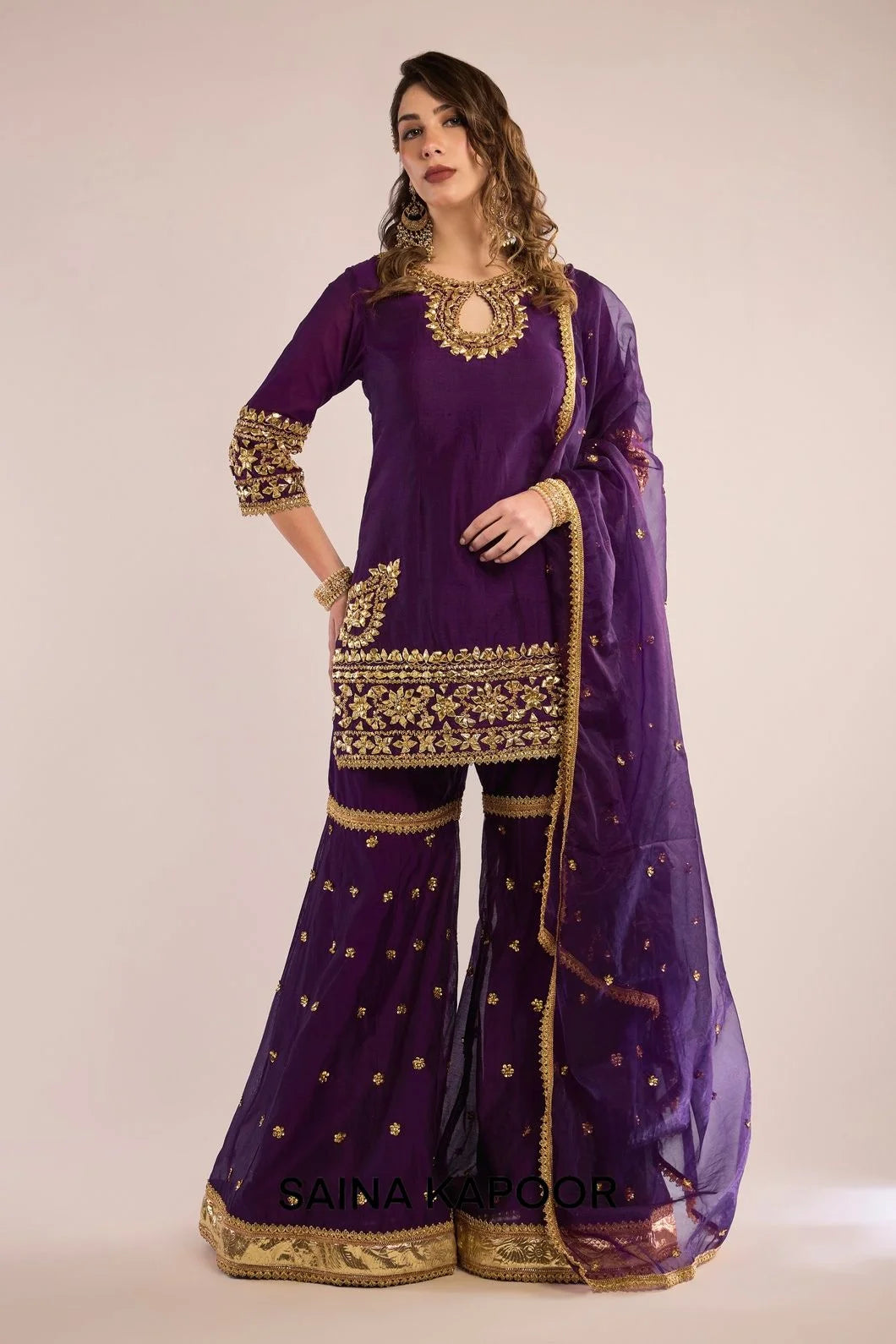 Purple Chanderi short kurta with gota patti embroidered keyhole collar & matching gharara & purple organza dupatta — Saina Kapoor
