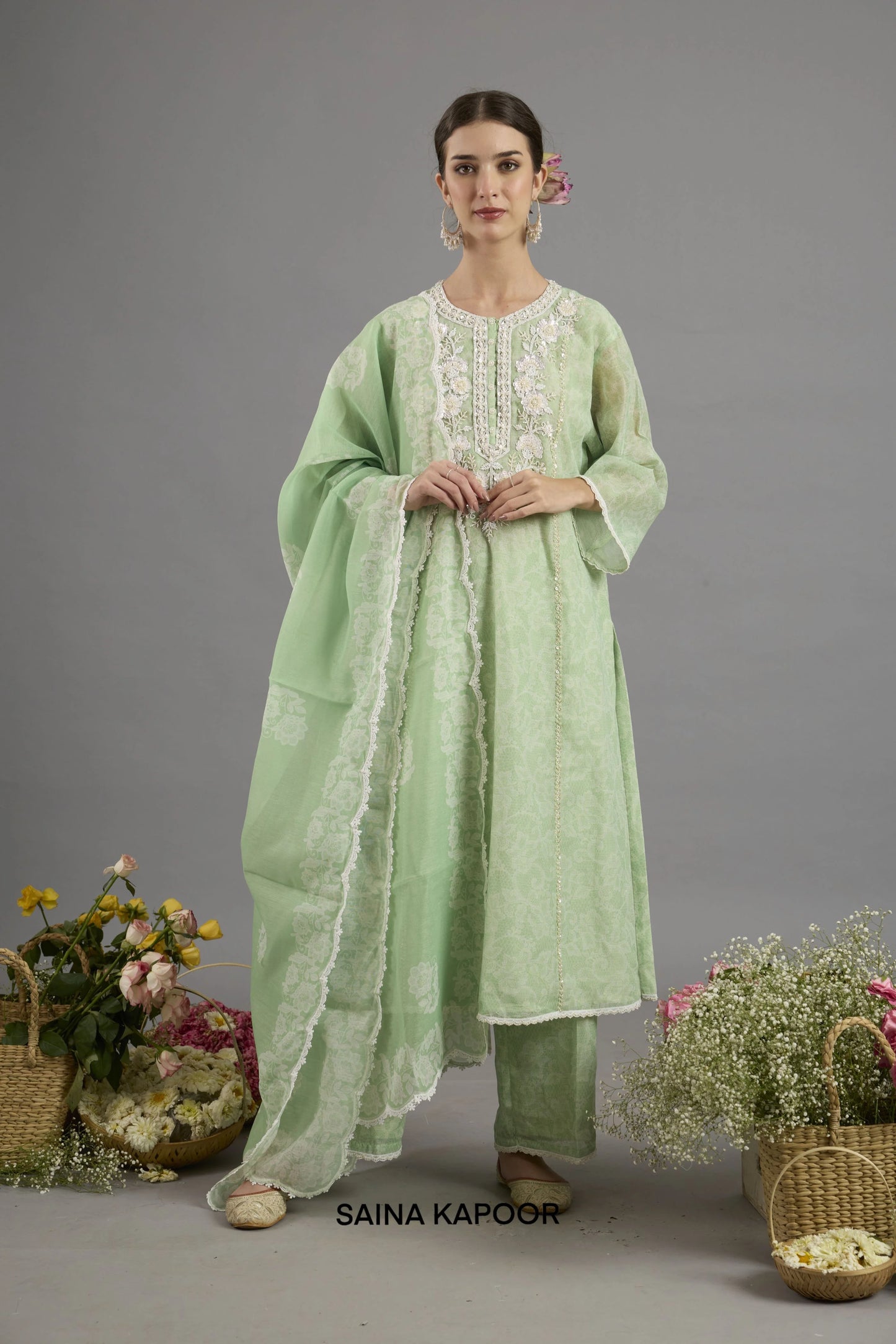 Green floral-printed Chanderi kurta with gota patti embroidered yoke paired with matching pants and printed dupatta - Saina Kapoor