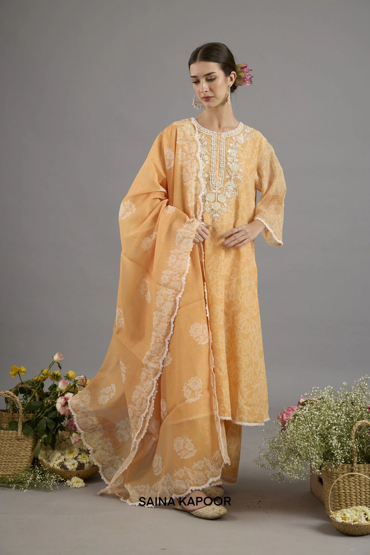 Orange floral-printed Chanderi A-line kurta with gota patti embroidered yoke paired with matching pants and printed dupatta - Saina Kapoor