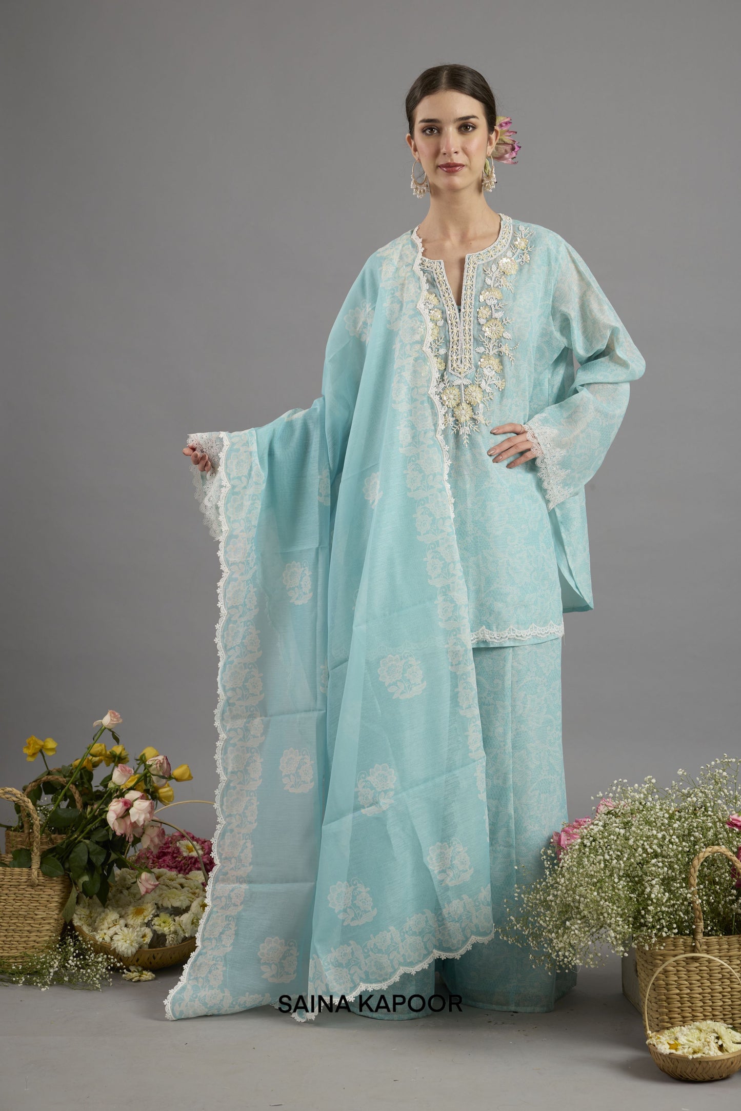 Short Kurta And Plazzo With Chanderi Dupatta - Saina Kapoor