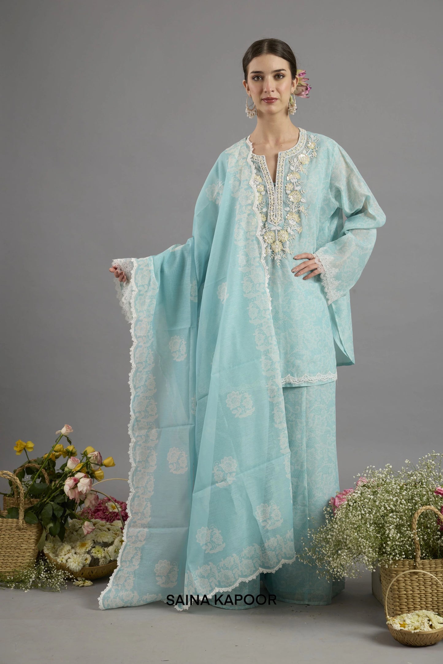 Firoza floral-printed Chanderi short kurta with gota patti embroidered yoke paired with matching palazzo pants and printed dupatta - Saina Kapoor
