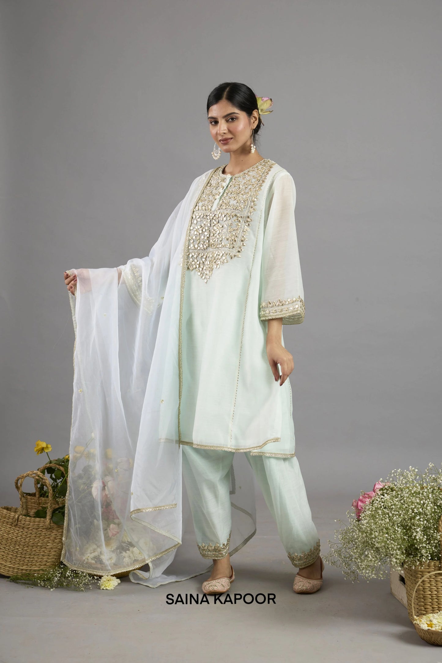 Aaliyah Mid Green Chanderi long Choga salwar suit with Gota Patti embroidered yoke, matching salwar and organza dupatta - Saina Kapoor