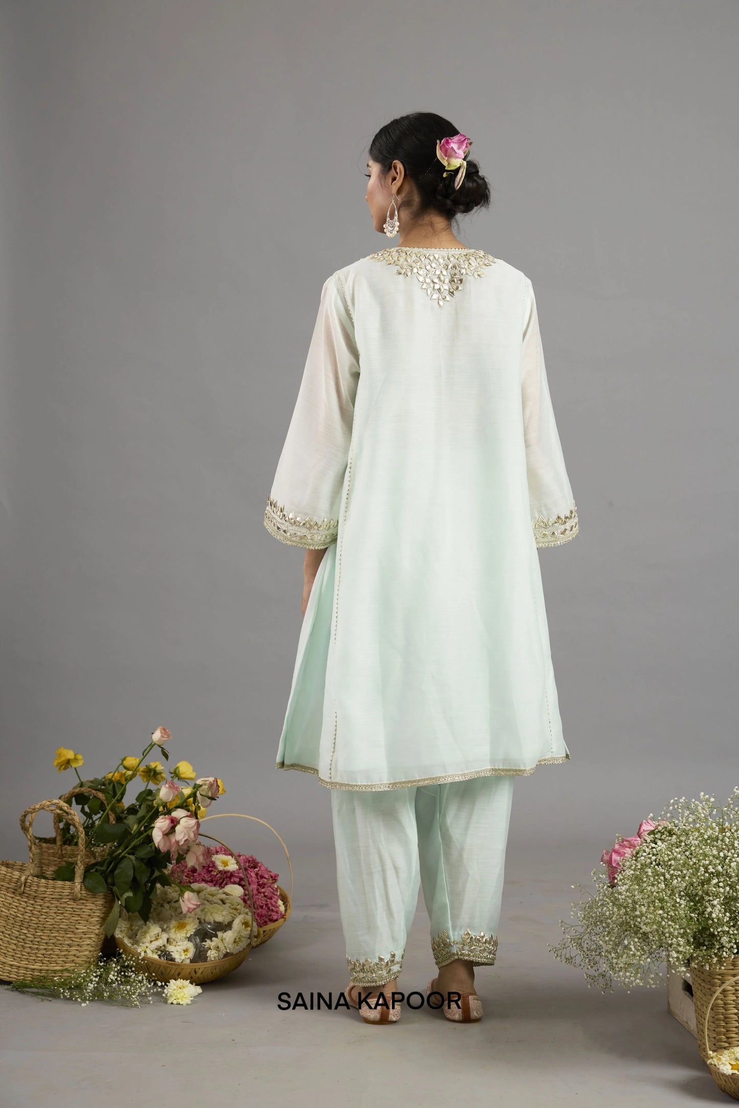 Aaliyah Mid Green Chanderi long Choga back view with Gota Patti embroidered neckline, three-quarter sleeves and matching salwar - Saina Kapoor