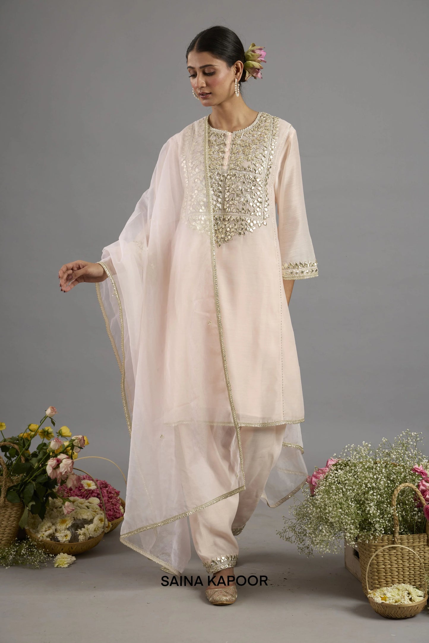 Aamina Peach Pink Chanderi long Choga salwar suit with Gota Patti embroidered yoke, matching salwar and organza dupatta - Saina Kapoor