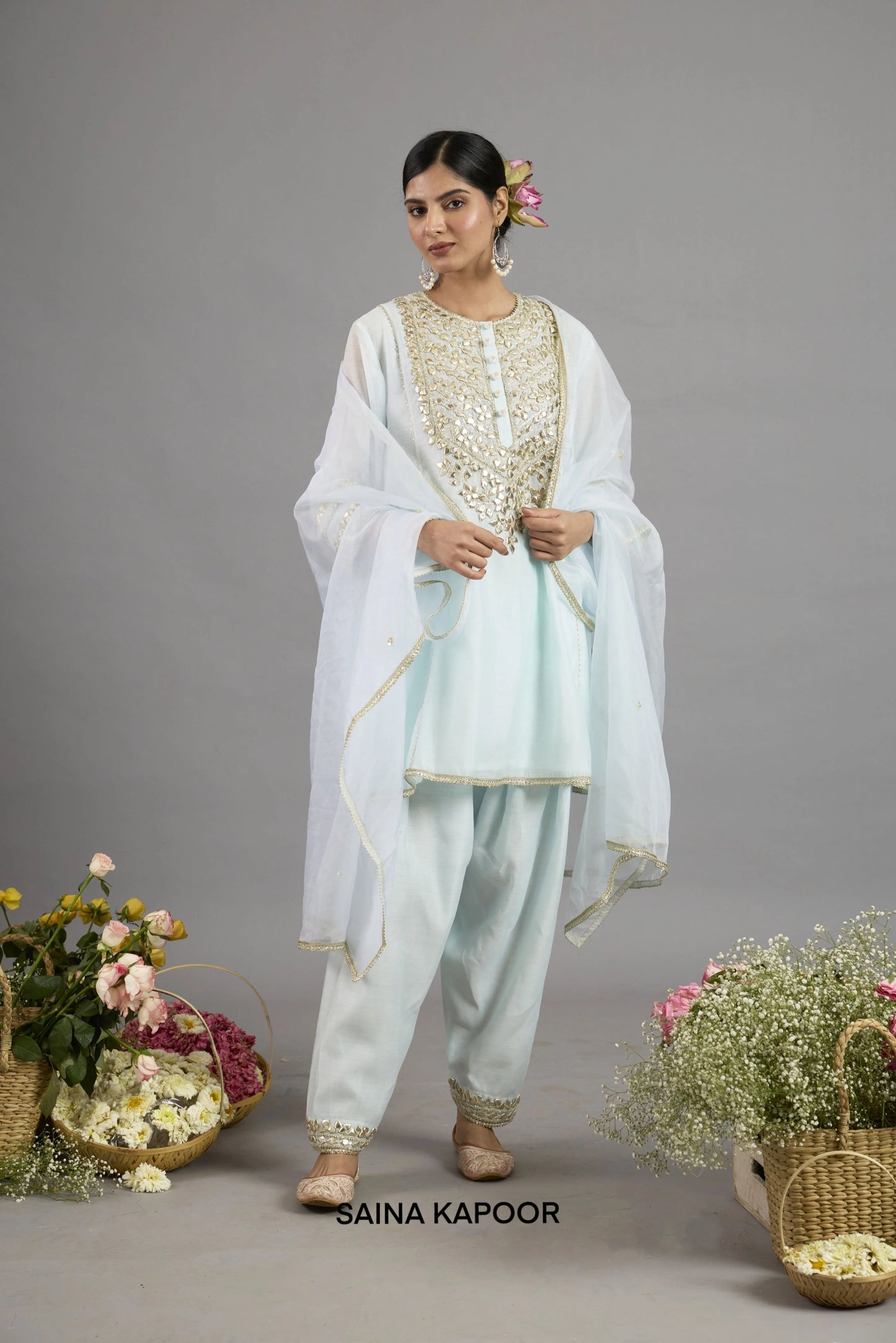 Abeer Ice Blue Chanderi short kurta salwar suit with Gota Patti embroidered yoke, matching salwar and organza dupatta - Saina Kapoor