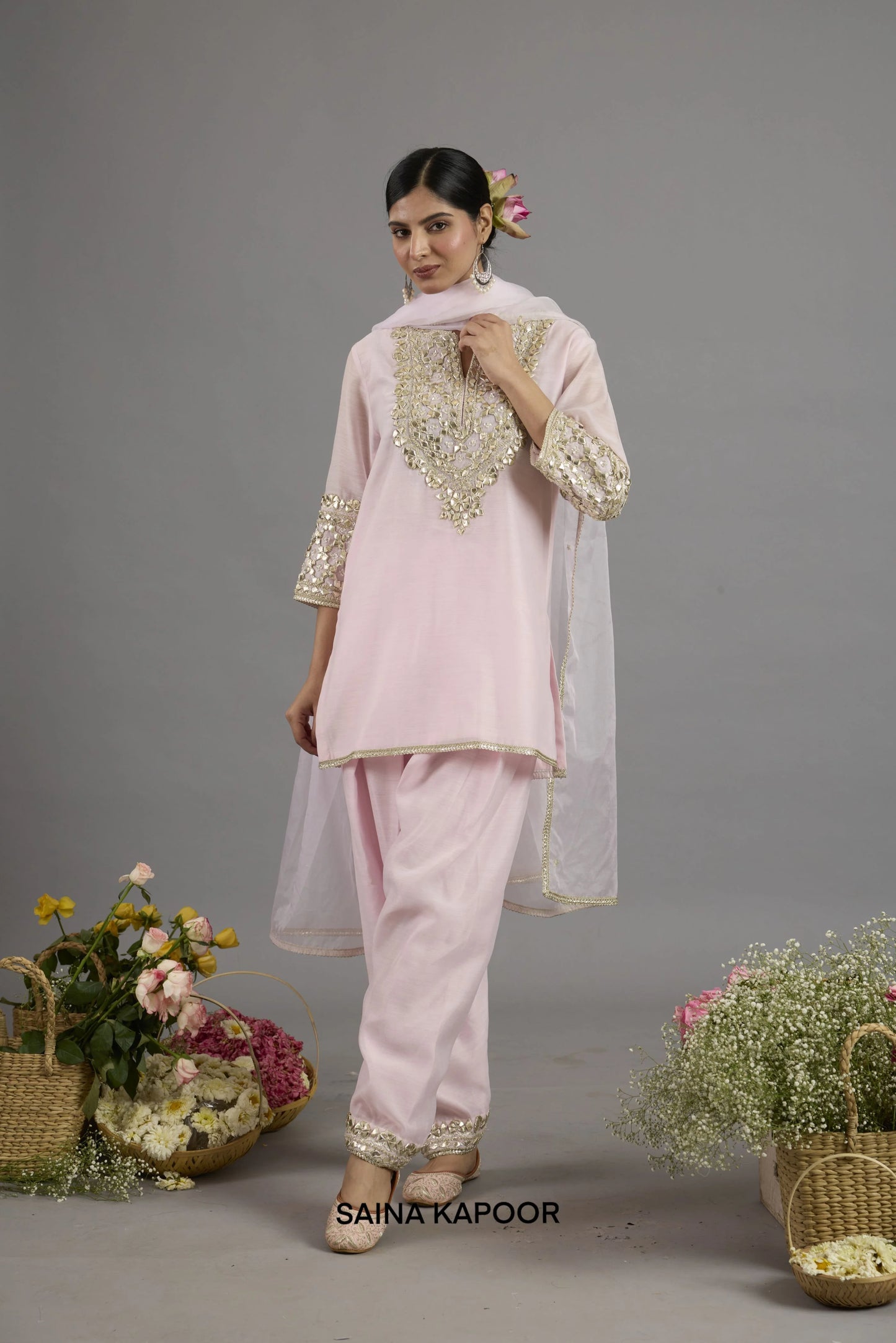 Afifa baby pink Chanderi short kurta salwar suit with Gota Patti embroidered yoke, matching salwar and organza dupatta - Saina Kapoor