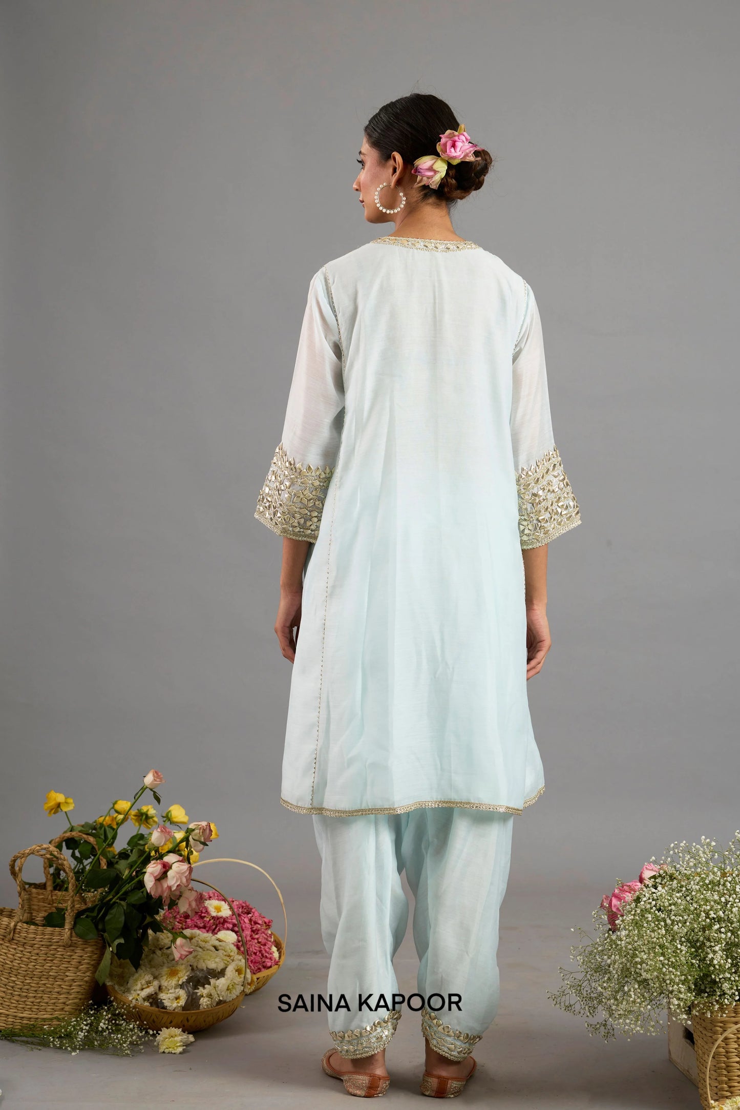 Amira ice blue Chanderi A-line kurta back view with three-quarter sleeves, embroidered cuffs and matching salwar - Saina Kapoor