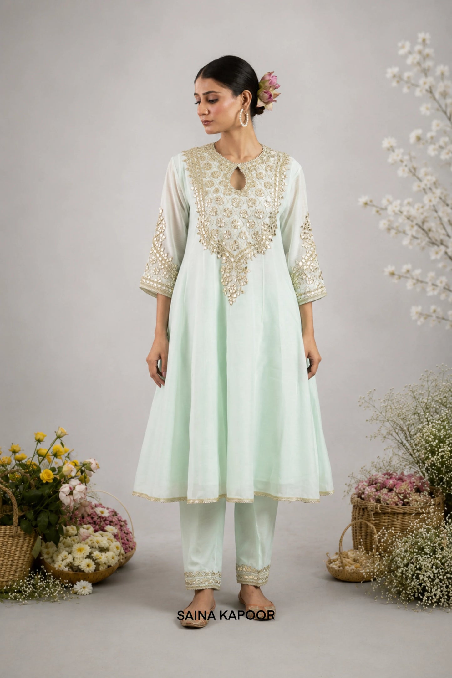 Alayna mint green Chanderi long Anarkali with gota patti floral medallion yoke paired with matching salwar and organza dupatta - Saina Kapoor