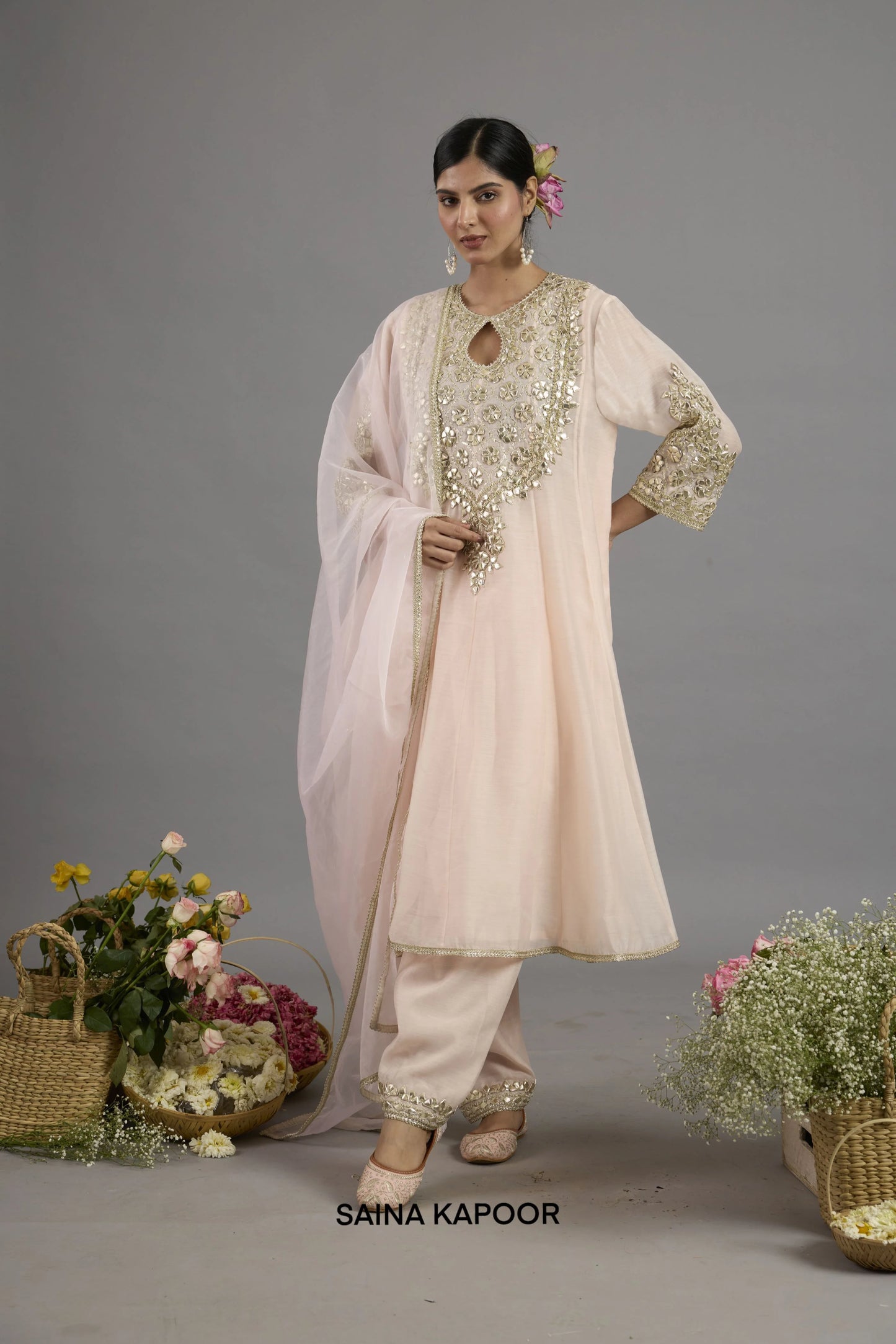 Amal peach pink Chanderi long Anarkali with gota patti floral medallion yoke paired with matching salwar and organza dupatta - Saina Kapoor