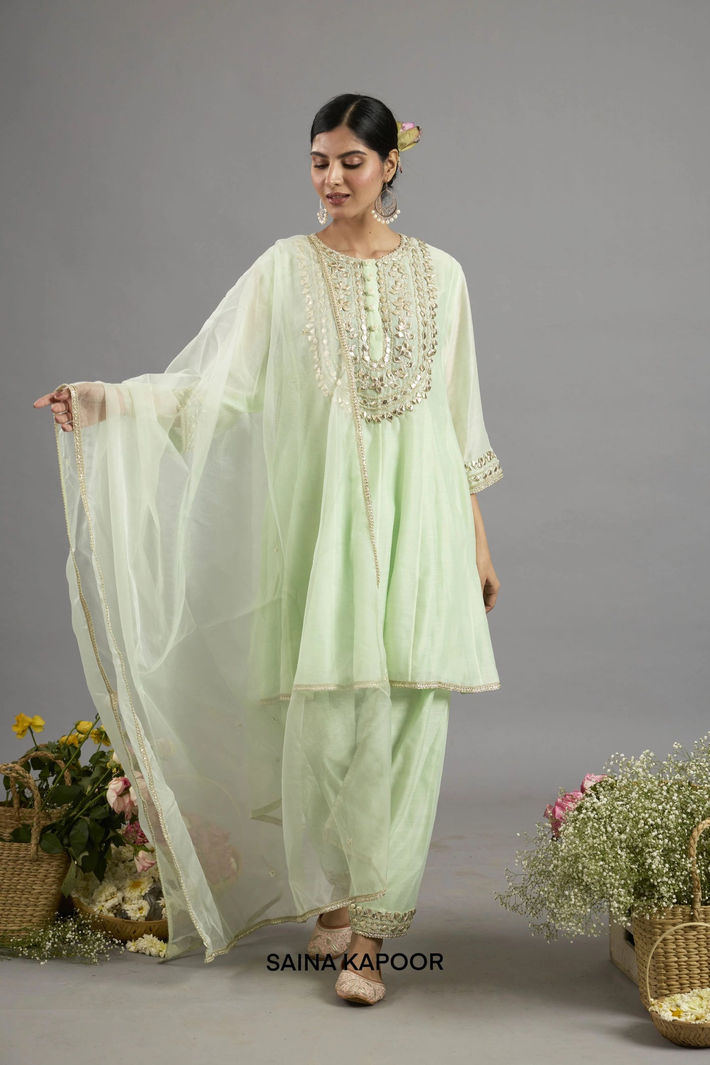 Anisah mint green Chanderi Anarkali with gota patti floral medallion yoke paired with matching salwar and organza dupatta - Saina Kapoor