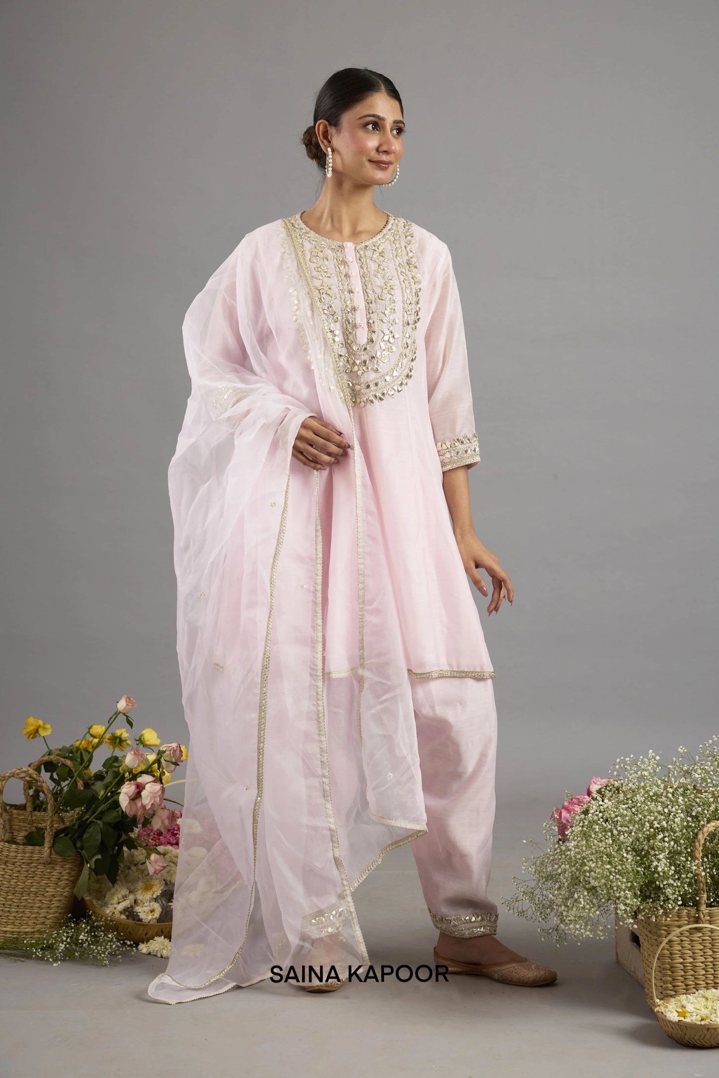 Afra baby pink Chanderi Anarkali with gota patti floral medallion yoke paired with matching salwar and organza dupatta - Saina Kapoor