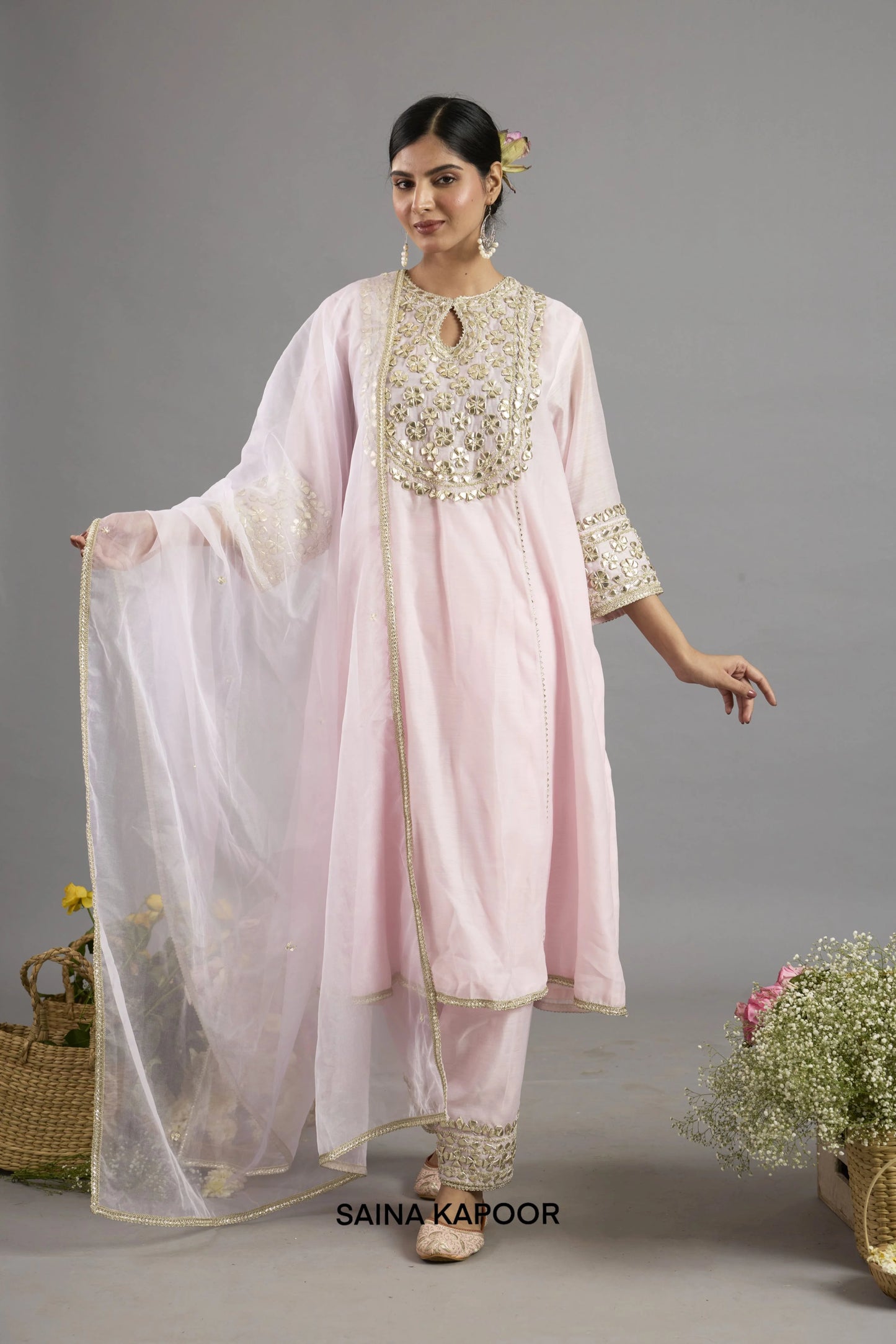 Areeba baby pink long Chanderi kurta with gota patti floral medallion yoke paired with matching salwar and organza dupatta - Saina Kapoor