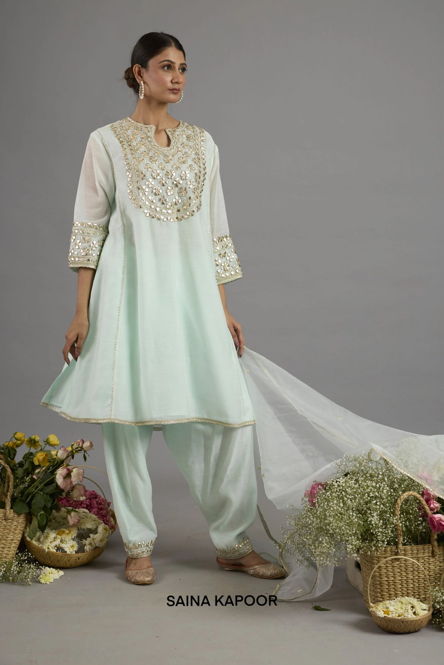 Asma mint green Chanderi kurta with gota patti floral medallion yoke paired with matching salwar and organza dupatta - Saina Kapoor