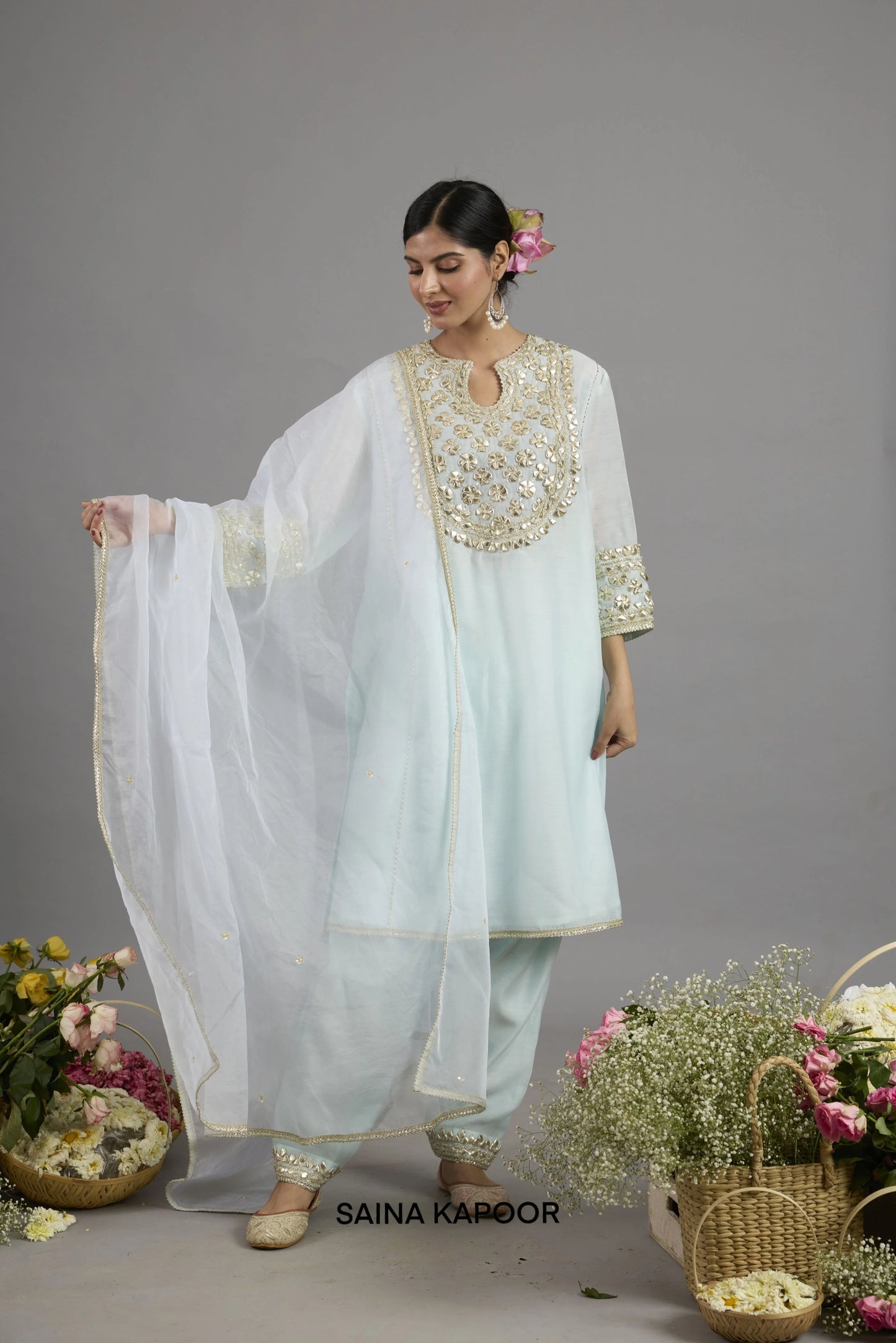 Amani ice blue Chanderi kurta with gota patti floral medallion yoke paired with matching salwar and organza dupatta - Saina Kapoor