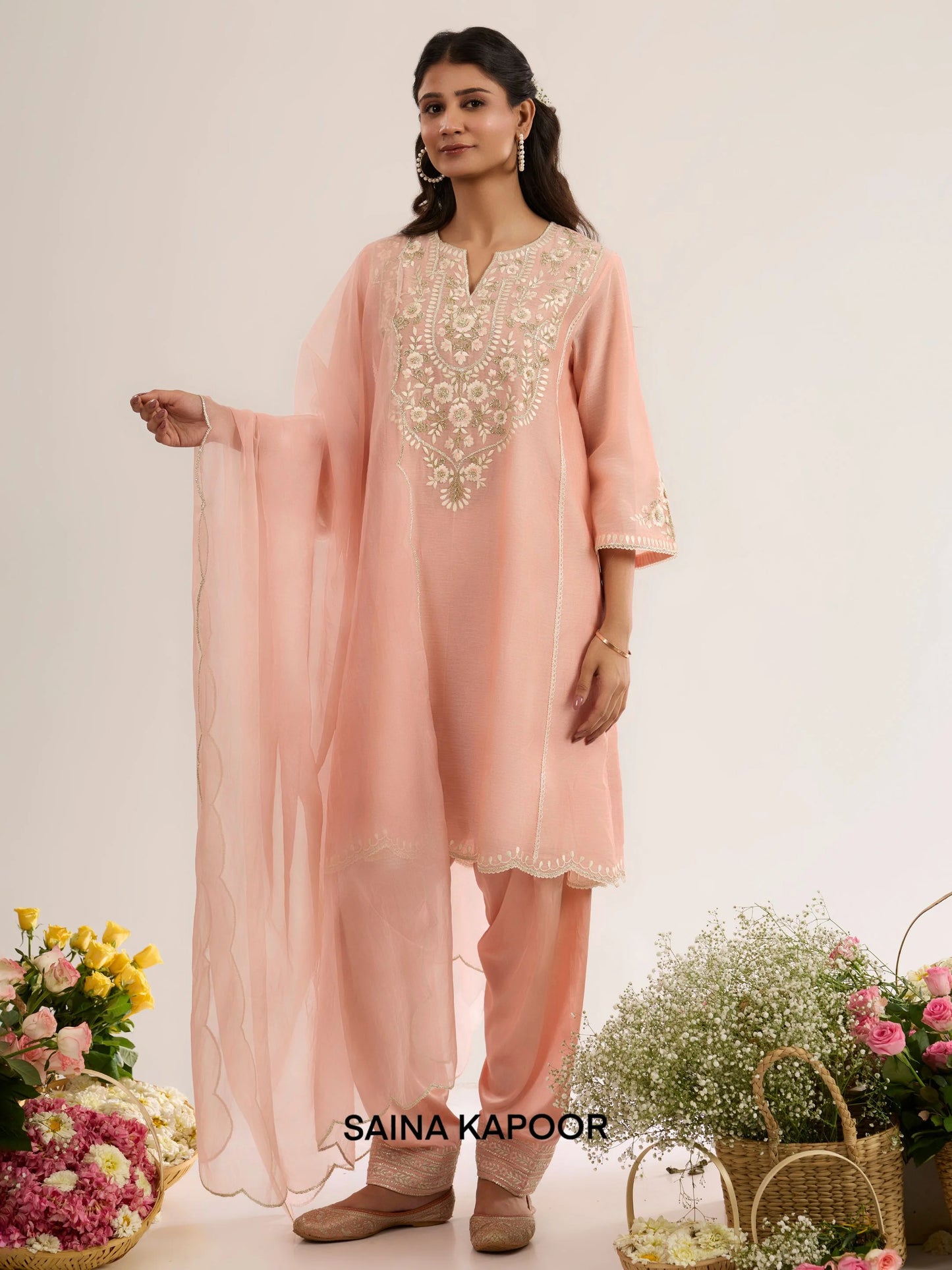 Blush Pink Chanderi Long Choga with Satin Salwar & Organza Dupatta - Saina Kapoor