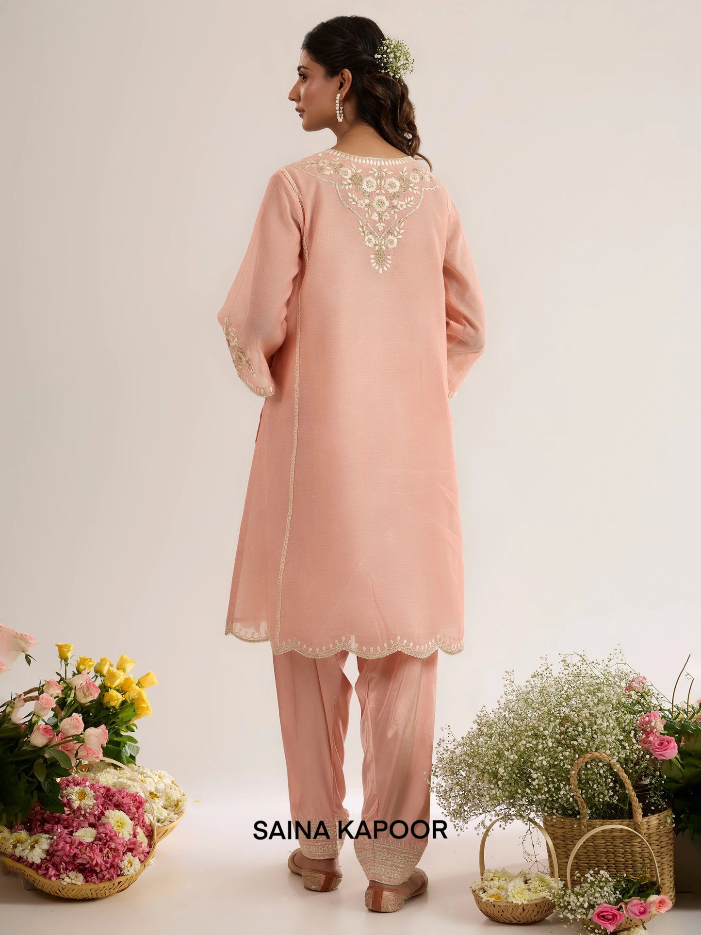 Blush Pink Chanderi Long Choga back view with Satin Salwar - Saina Kapoor