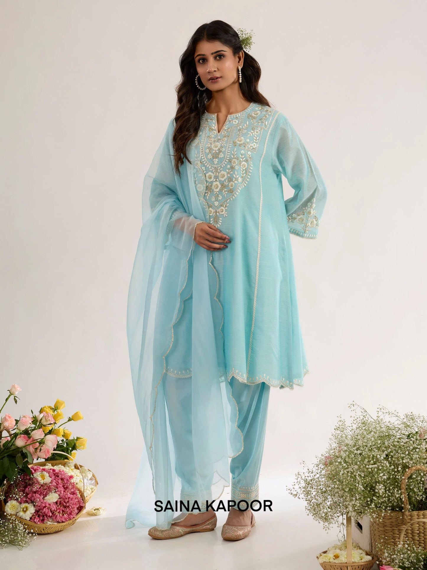Powder Blue Chanderi Long Choga with Satin Salwar & Organza Dupatta - Saina Kapoor