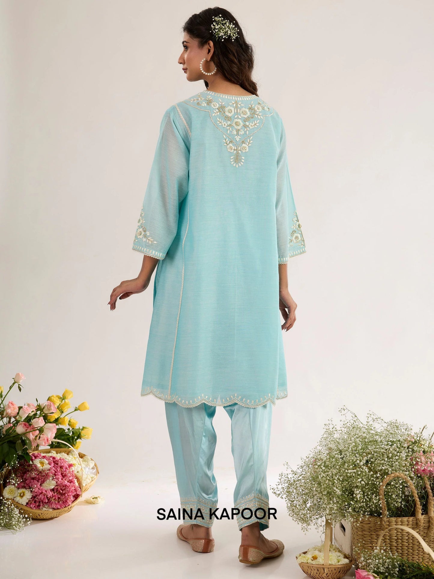 Powder Blue Chanderi Long Choga back view with Satin Salwar - Saina Kapoor
