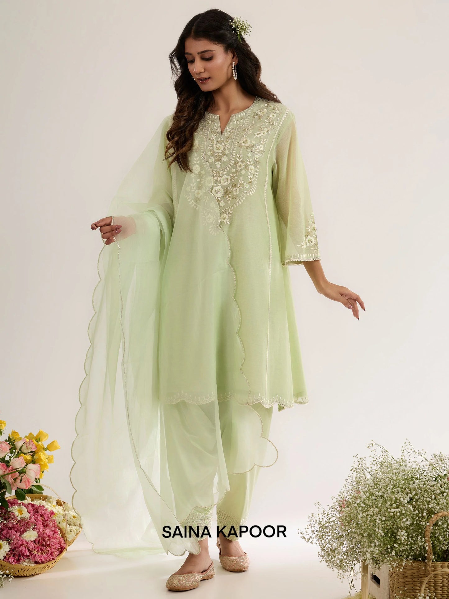 Mint Green Chanderi Long Choga with Satin Salwar & Organza Dupatta - Saina Kapoor