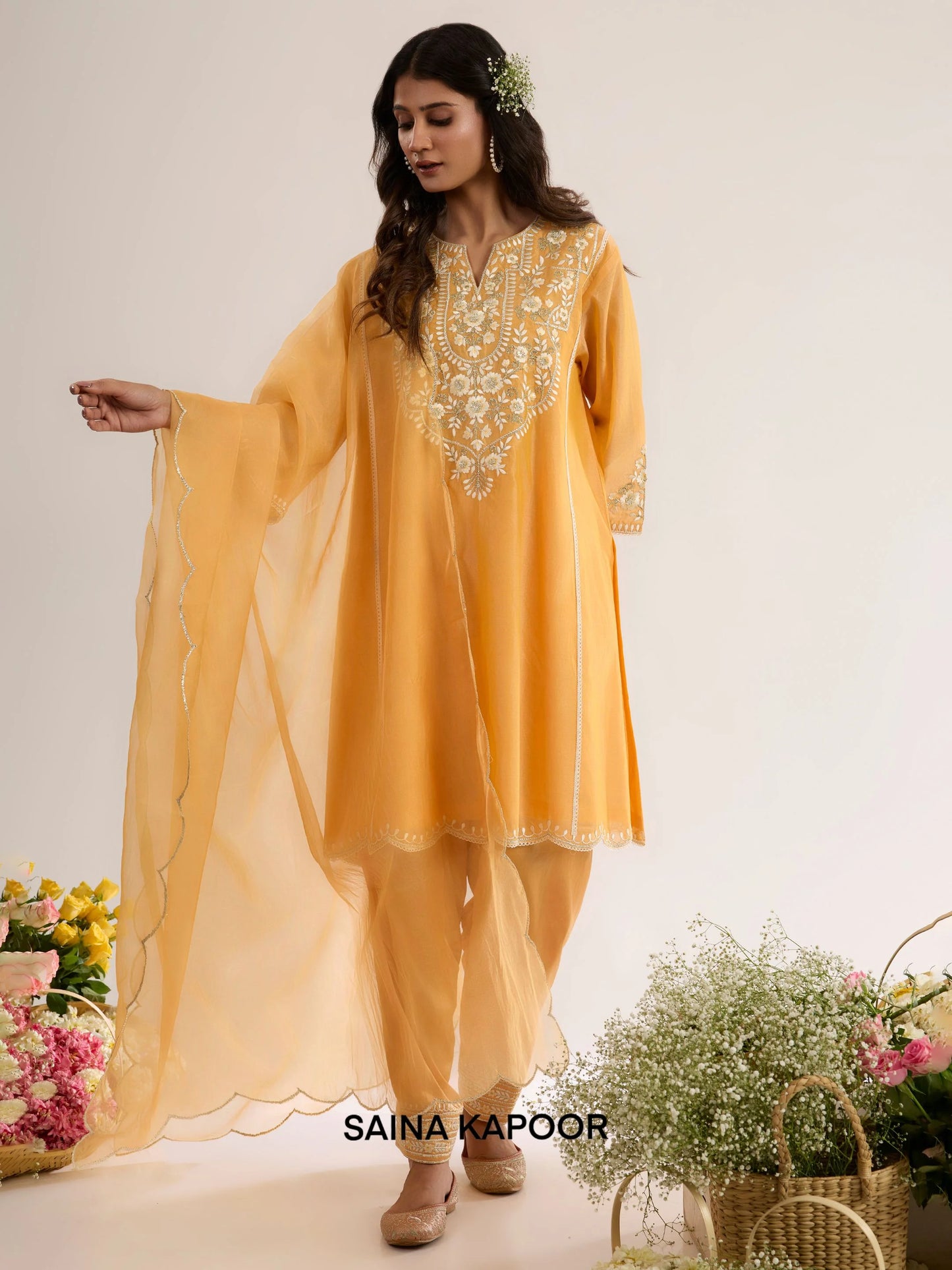 Peachy Orange Chanderi Long Choga AIZA with Salwar & Organza Dupatta - Saina Kapoor