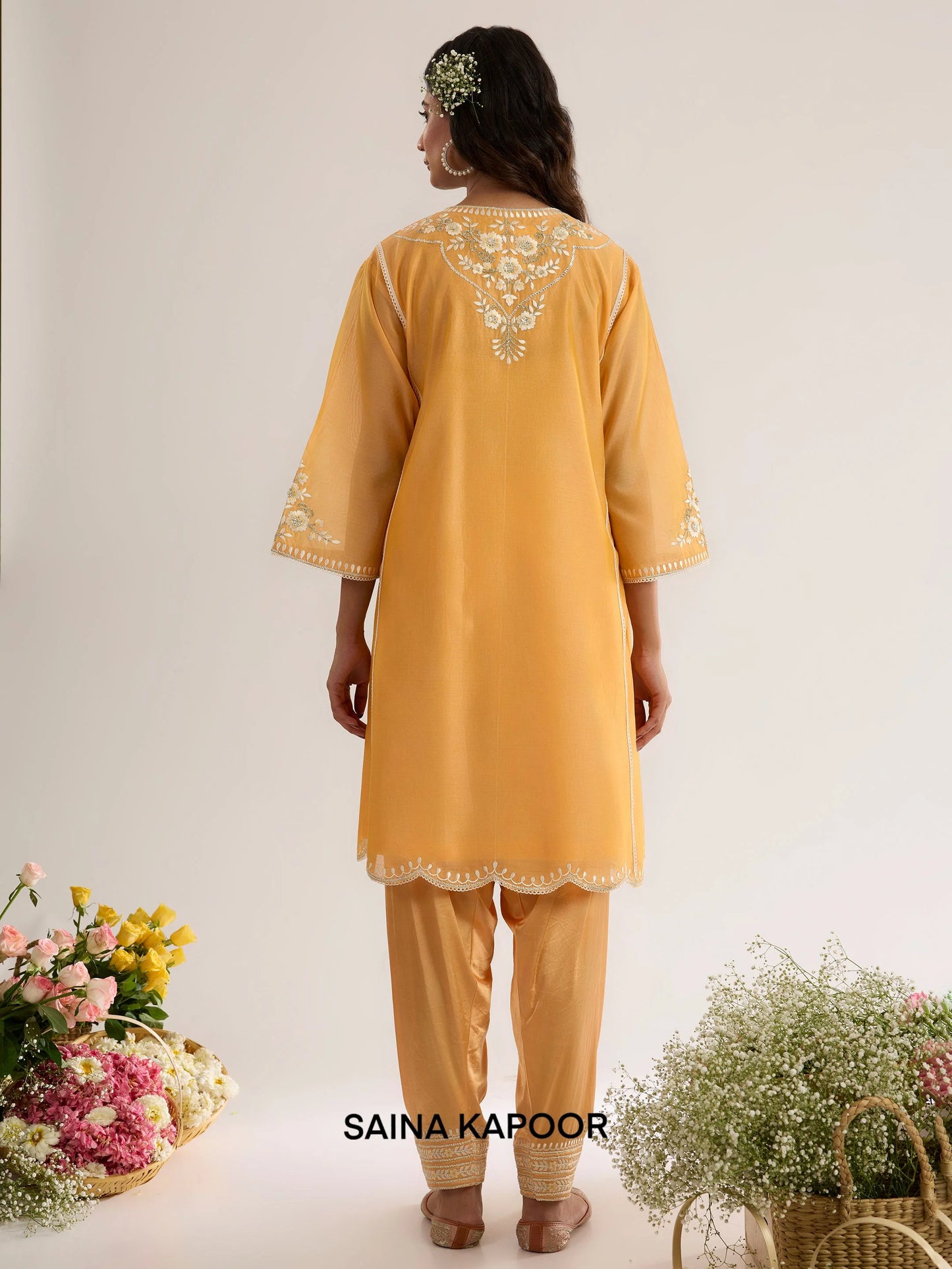 Peachy Orange Chanderi Choga AIZA back view with Satin Salwar - Saina Kapoor