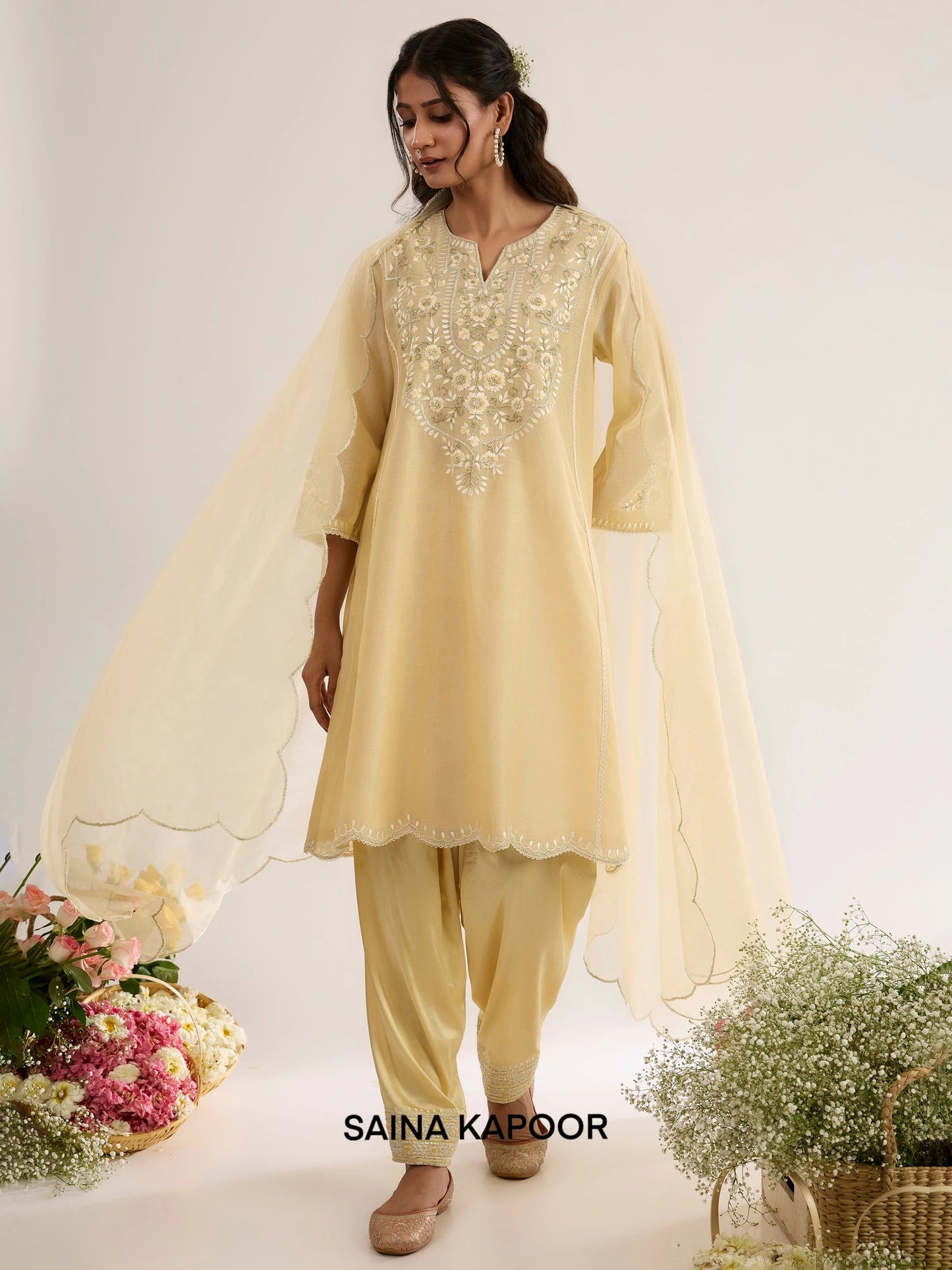 Soft Yellow Chanderi Long Choga with Satin Salwar & Organza Dupatta - Saina Kapoor