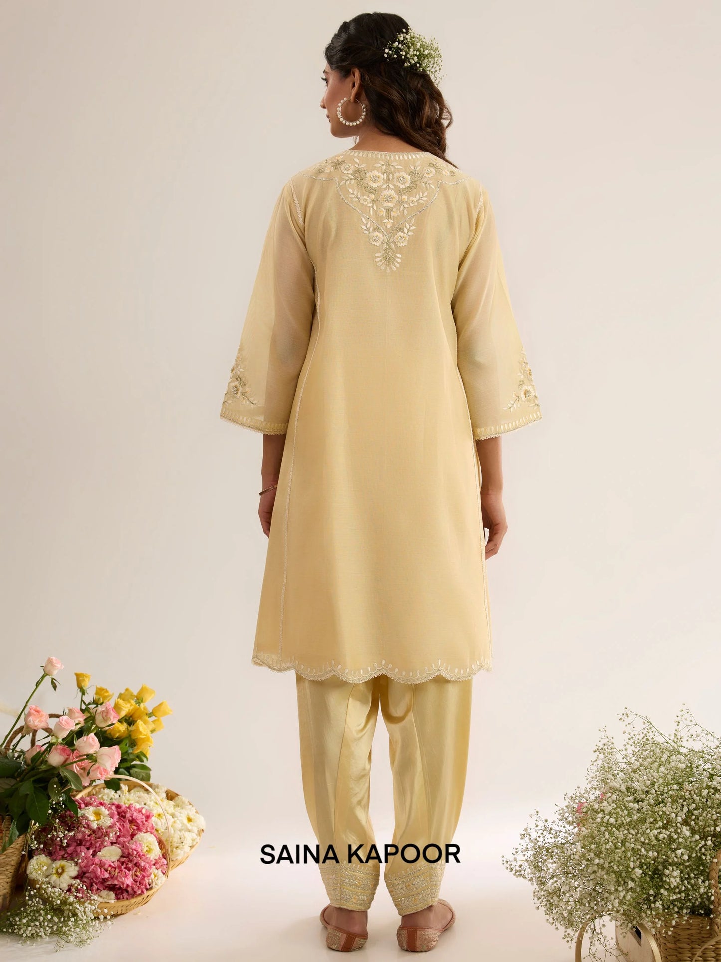 Soft Yellow Chanderi Long Choga with Satin Salwar & Organza Dupatta - Saina Kapoor