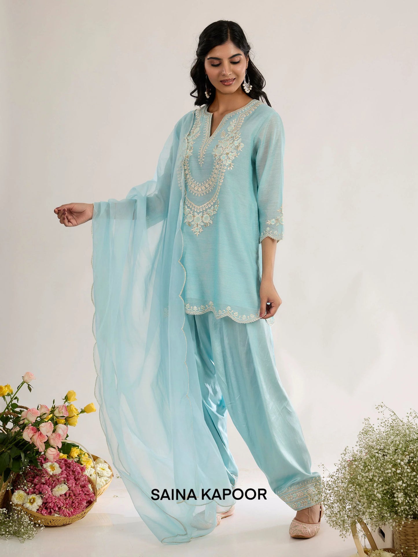Powder Blue Chanderi Short Kurta with Satin Salwar & Organza Dupatta - Saina Kapoor