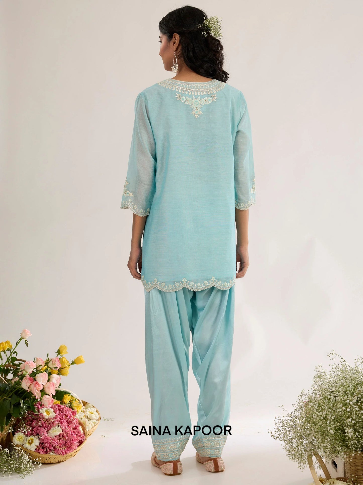 Powder Blue Chanderi Short Kurta back view with Satin Salwar & Scalloped Dupatta - Saina Kapoor