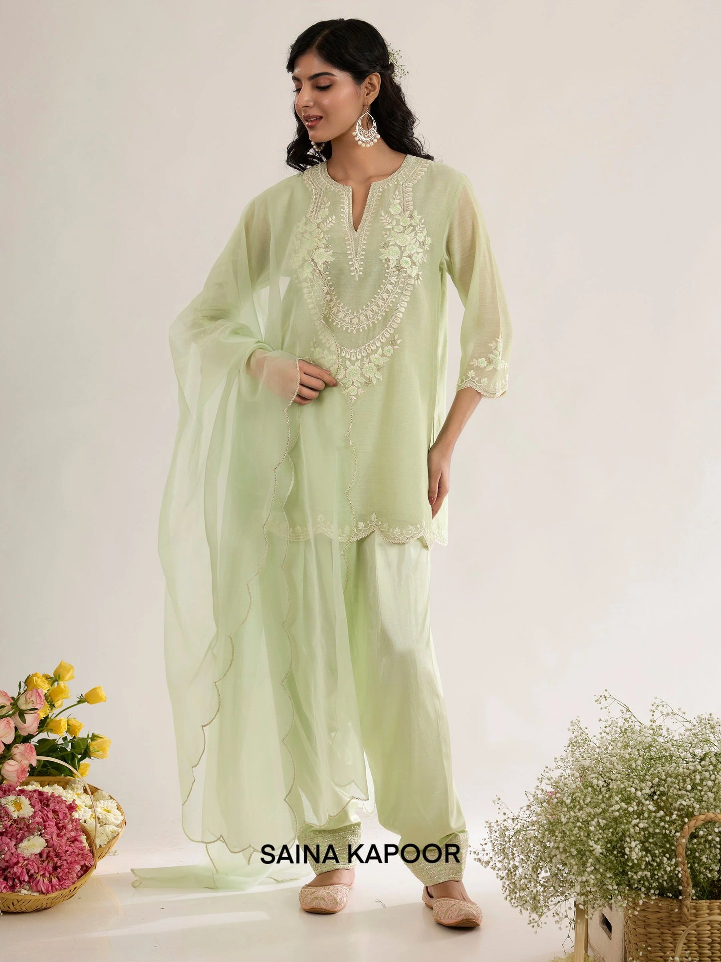 Mint Green Chanderi Short Kurta with Satin Salwar & Organza Dupatta - Saina Kapoor