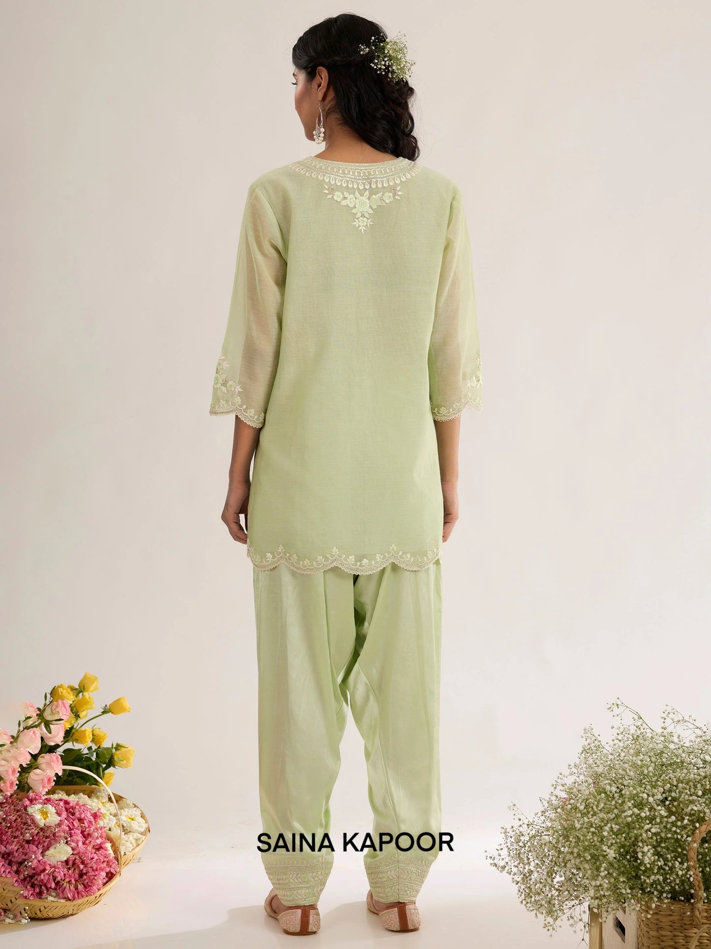 Mint Green Chanderi Short Kurta back view with Satin Salwar & Scalloped Dupatta - Saina Kapoor
