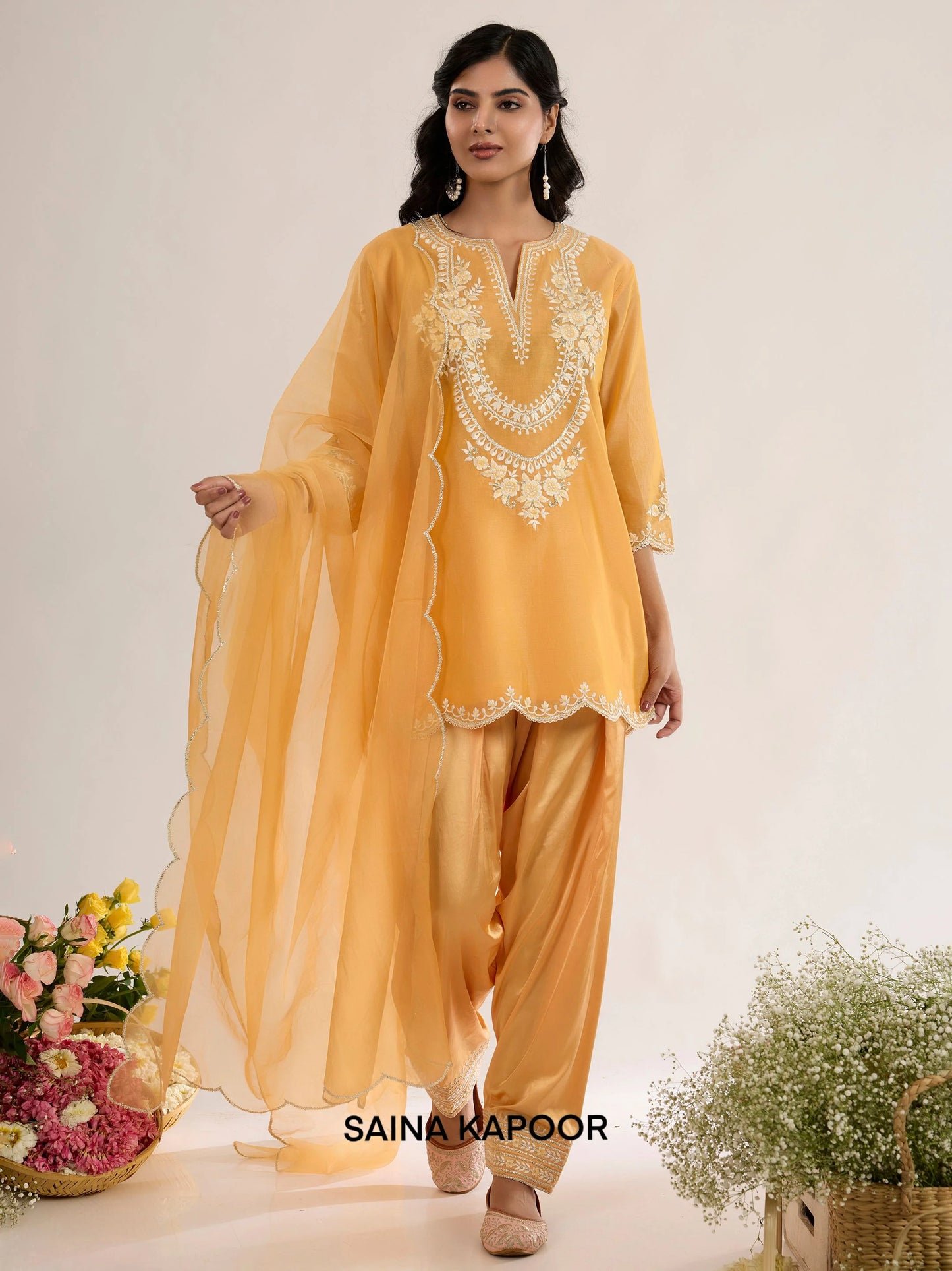Peachy Orange Chanderi Short Kurta with Satin Salwar & Organza Dupatta - Saina Kapoor