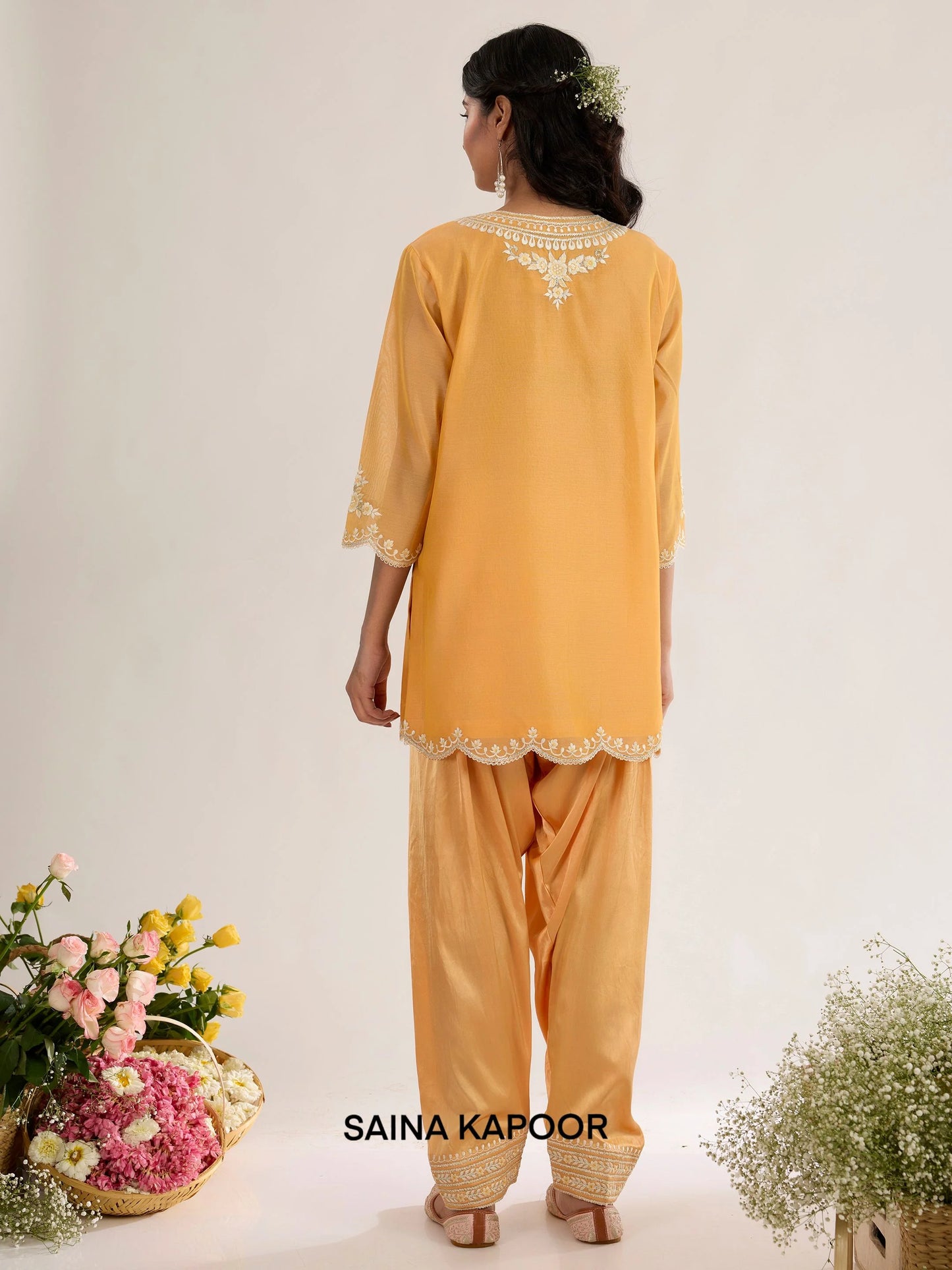 Peachy Orange Chanderi Short Kurta back view with Satin Salwar & Scalloped Dupatta - Saina Kapoor